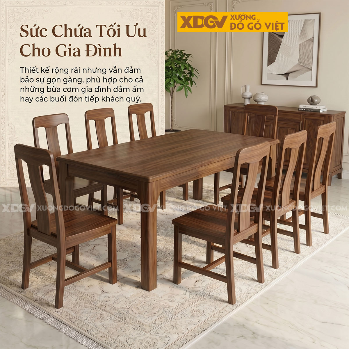 Bàn Ăn Á Đông Hiện Đại Gỗ Óc Chó Thiết Kế Chân Vát Đẹp Mắt