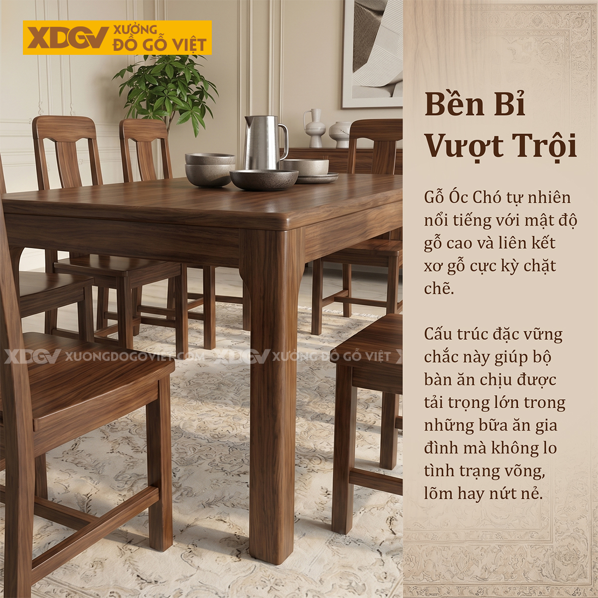 Bàn Ăn Á Đông Hiện Đại Gỗ Óc Chó Thiết Kế Chân Vát Đẹp Mắt