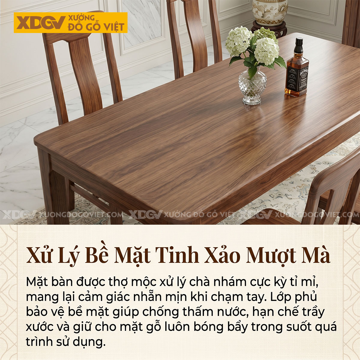 Bàn Ăn Á Đông Hiện Đại Gỗ Óc Chó Thiết Kế Chân Vát Đẹp Mắt