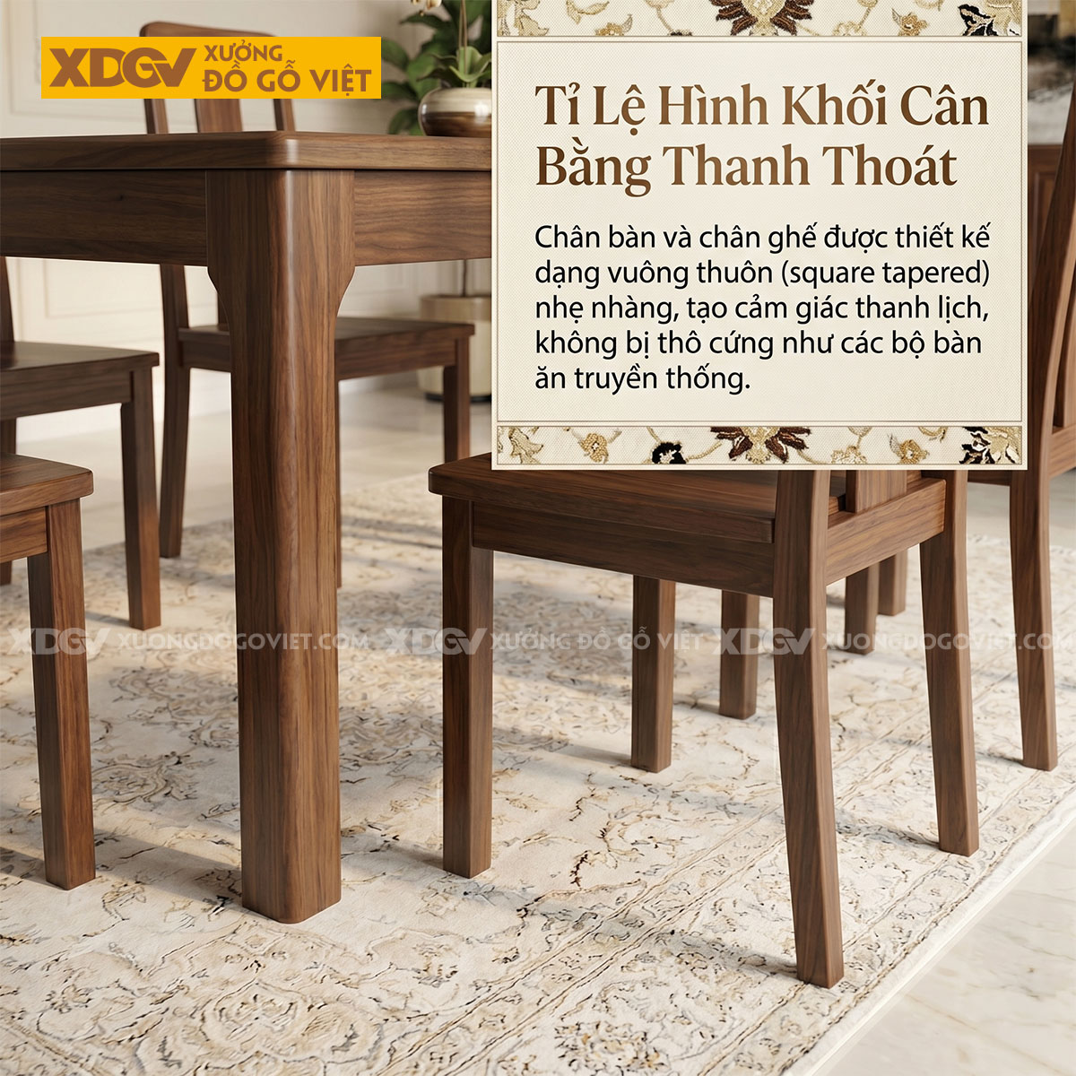 Bàn Ăn Á Đông Hiện Đại Gỗ Óc Chó Thiết Kế Chân Vát Đẹp Mắt