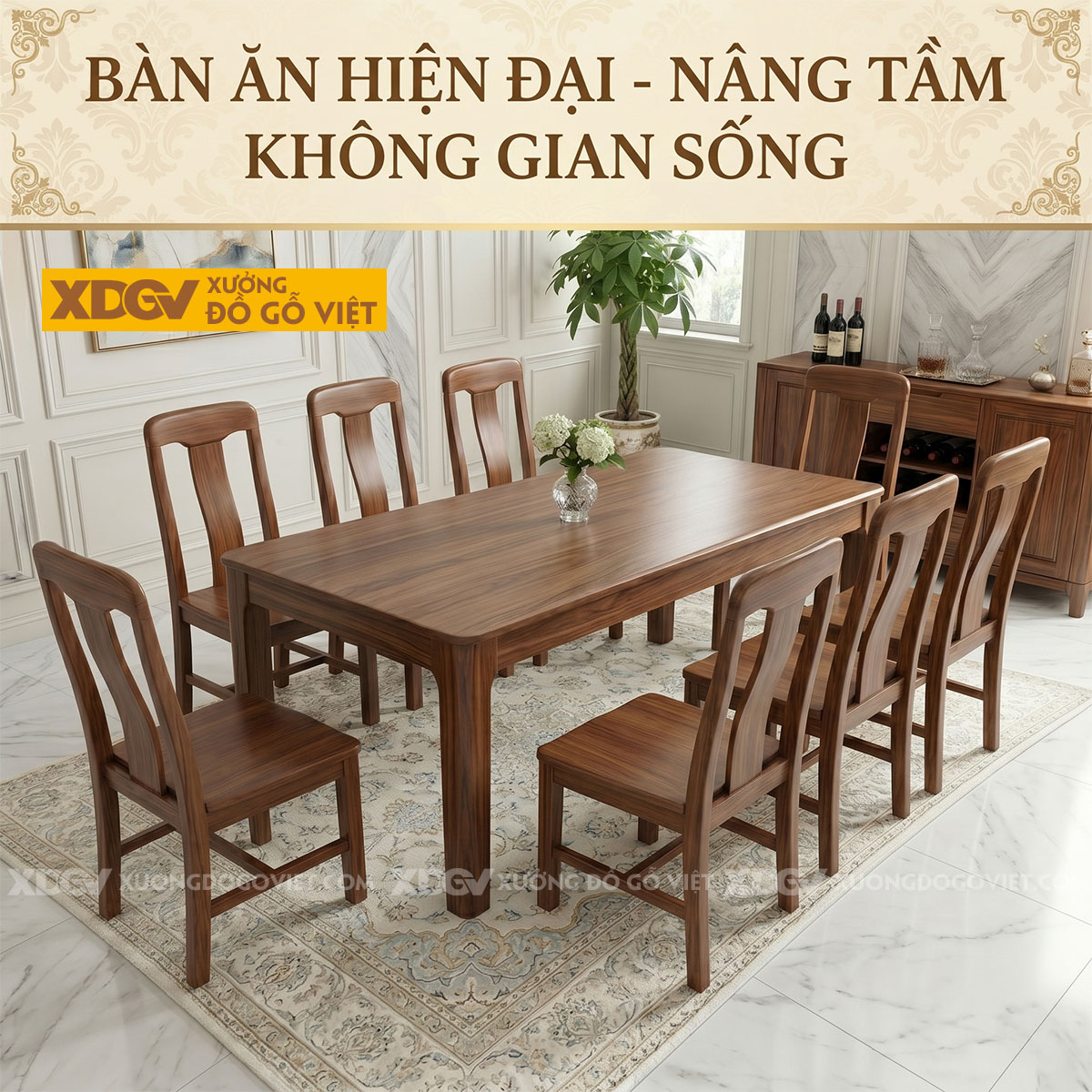 Bàn Ăn Á Đông Hiện Đại Gỗ Óc Chó Thiết Kế Chân Vát Đẹp Mắt