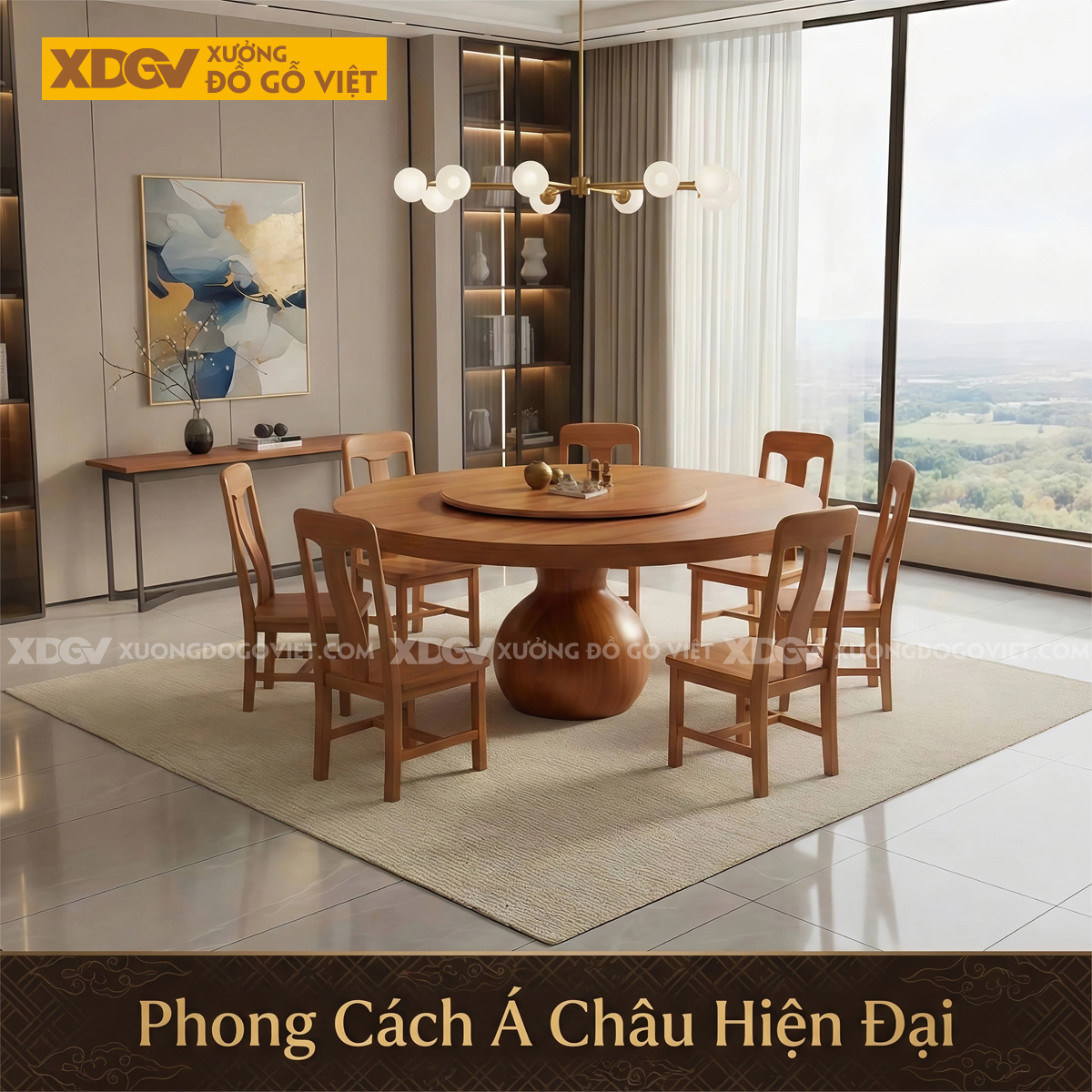 Bàn Ăn Gõ Đỏ Mâm Xoay Chân Bệ Tròn Sang Trọng Độc Đáo