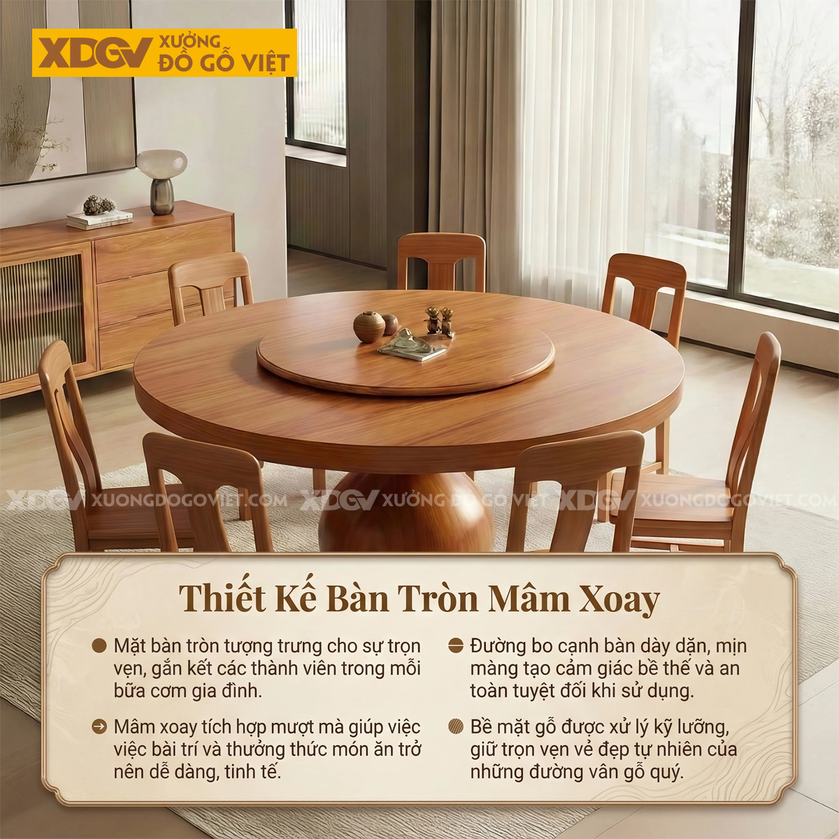 Bàn Ăn Gõ Đỏ Mâm Xoay Chân Bệ Tròn Sang Trọng Độc Đáo