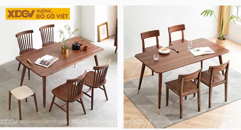 Bàn Ăn Gỗ Óc Chó 4 Ghế Windsor Hiện Đại Chân Bọc Kim Loại