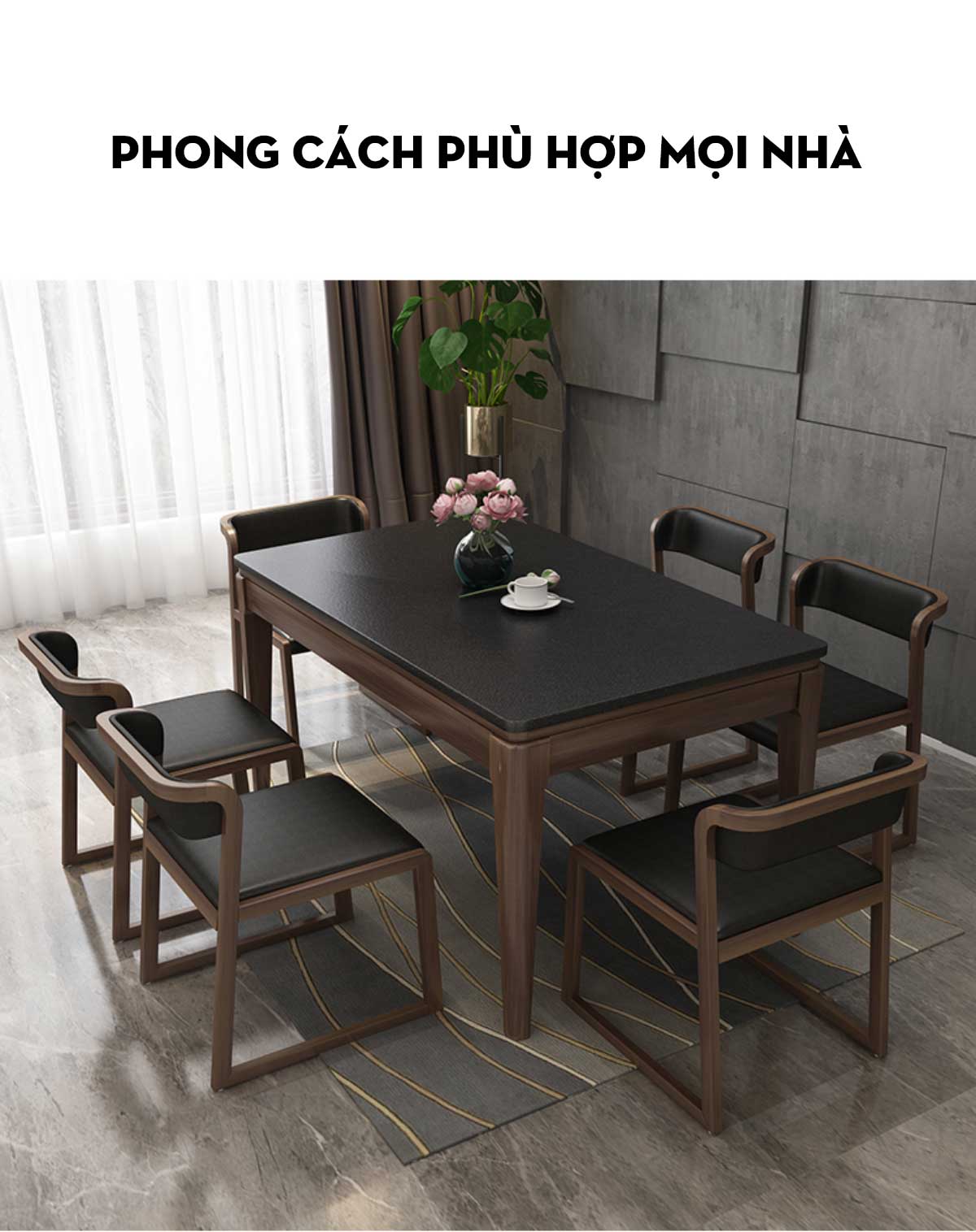 Bàn Ăn Gỗ Sồi Màu Óc Chó Mặt Đá Đen Ghế Chân Khung Hiện Đại