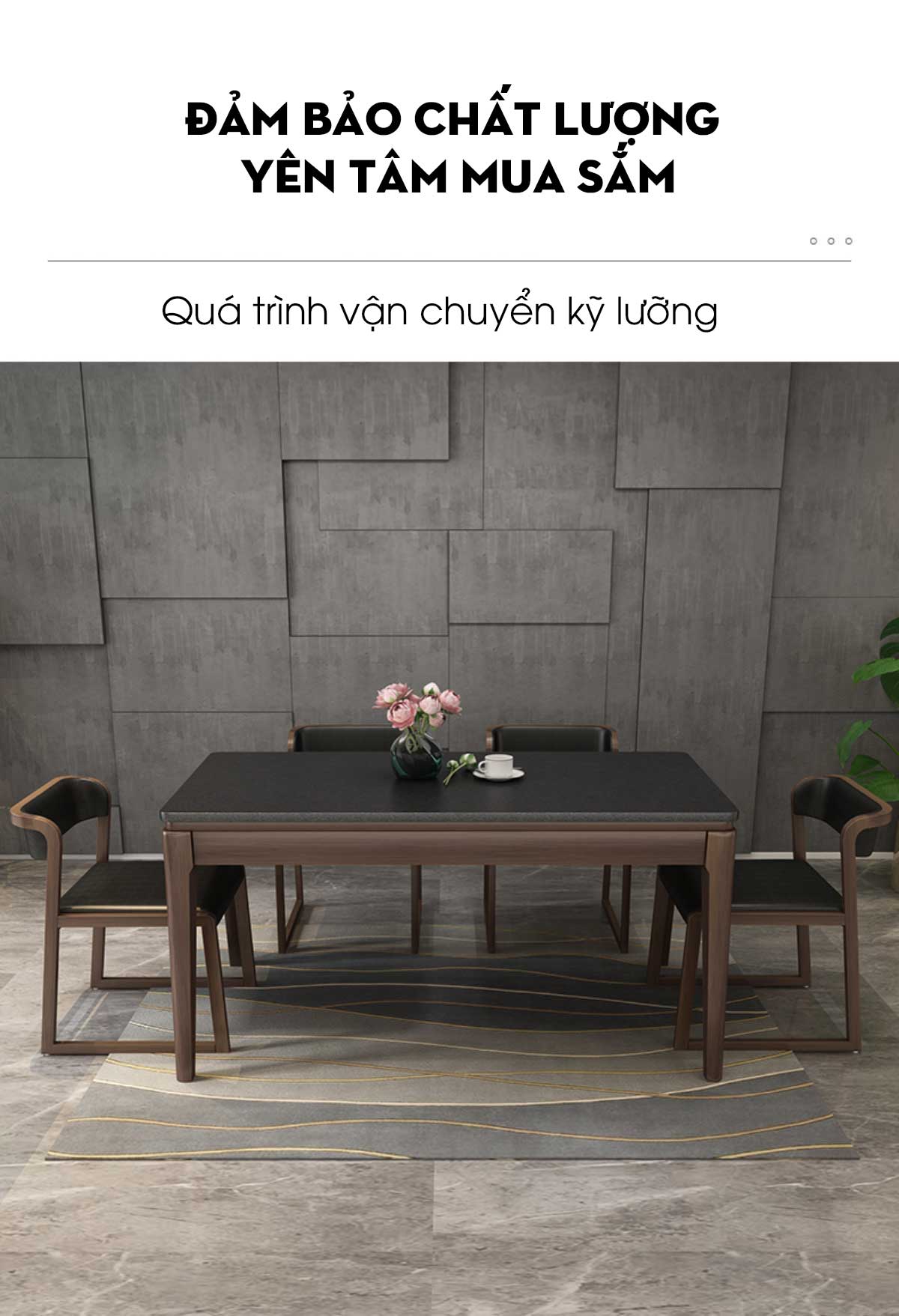 Bàn Ăn Gỗ Sồi Màu Óc Chó Mặt Đá Đen Ghế Chân Khung Hiện Đại