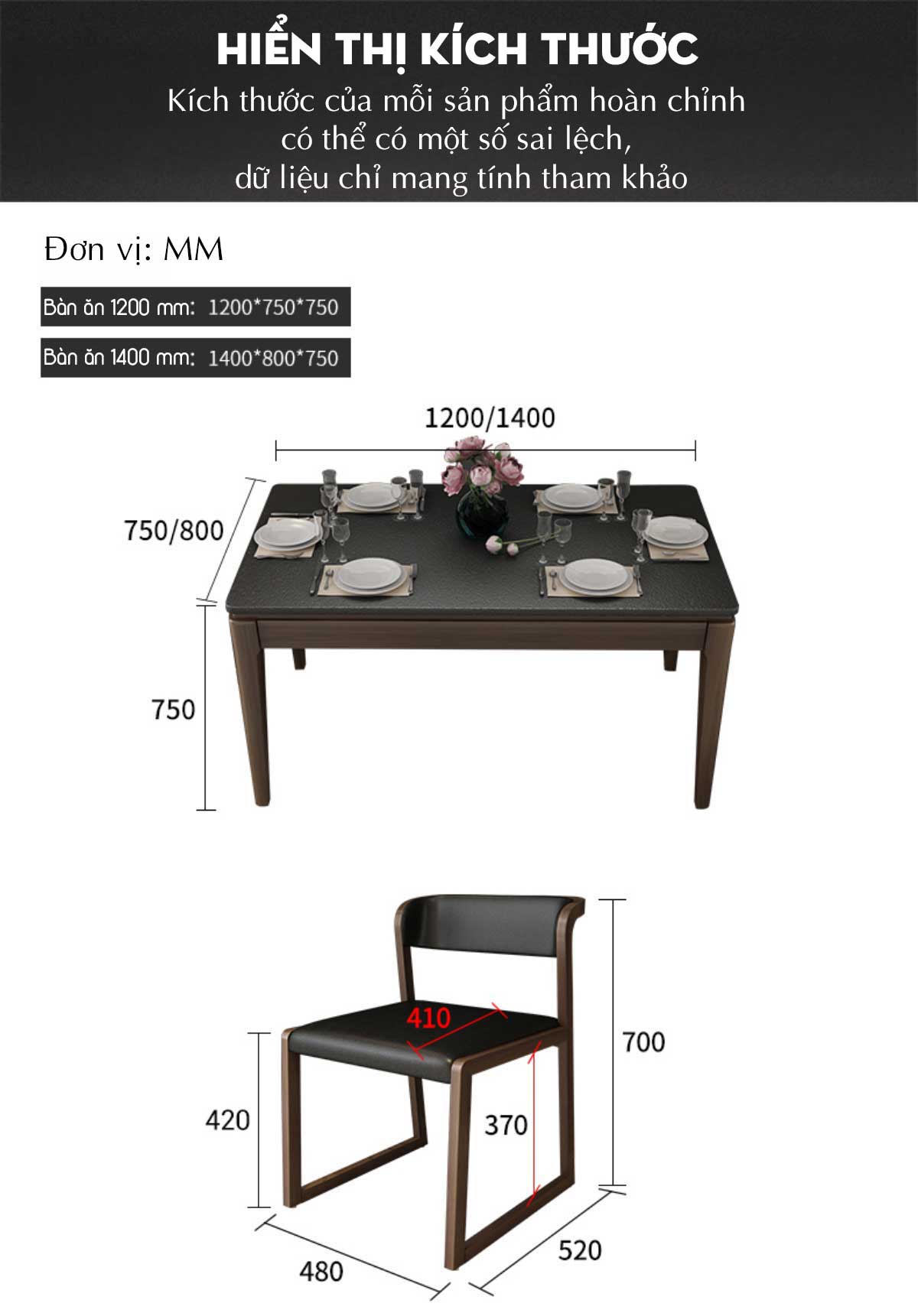 Bàn Ăn Gỗ Sồi Màu Óc Chó Mặt Đá Đen Ghế Chân Khung Hiện Đại