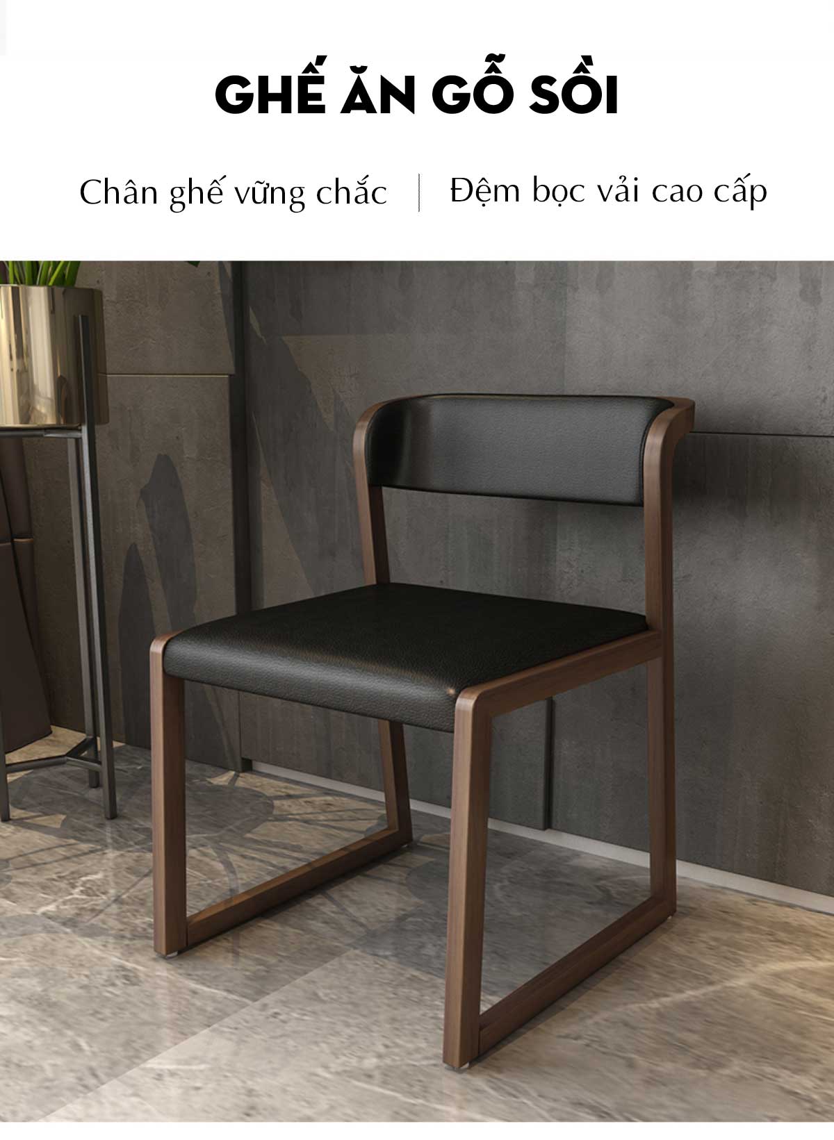 Bàn Ăn Gỗ Sồi Màu Óc Chó Mặt Đá Đen Ghế Chân Khung Hiện Đại
