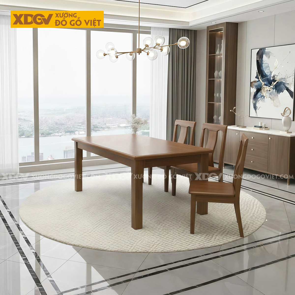 Bàn Ăn Gỗ Sồi Vát Cạnh Chân Trụ Vuông 6 Ghế Hiện Đại