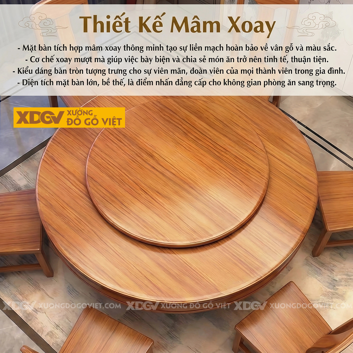 Bàn Ghế Ăn Gỗ Gõ Đỏ Thiết Kế Mâm Xoay Tiện Nghi