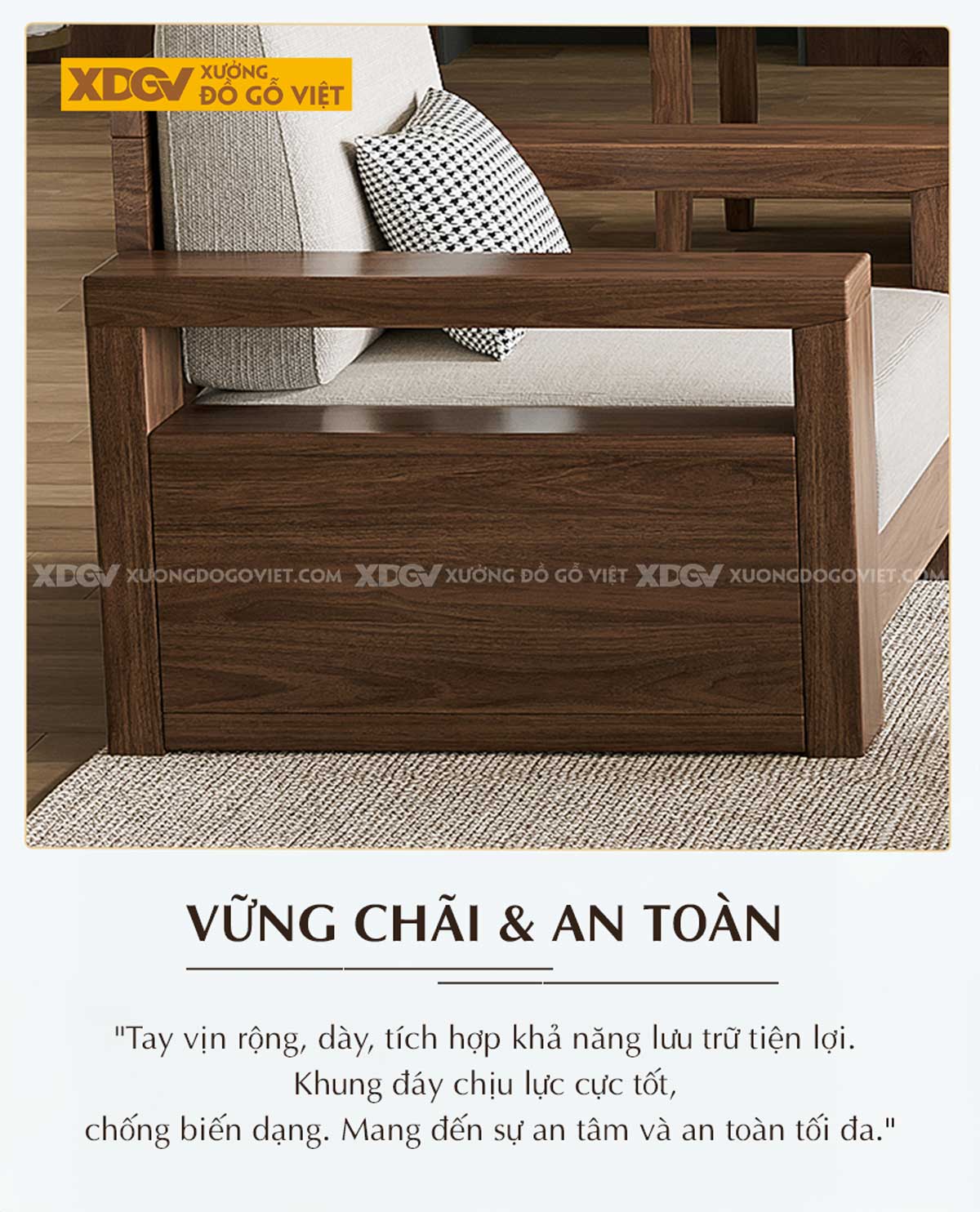 Bàn Ghế Gỗ Óc Chó Kiểu Tay Vuông Dày Mặt Ngồi và Tựa Lưng Nệm