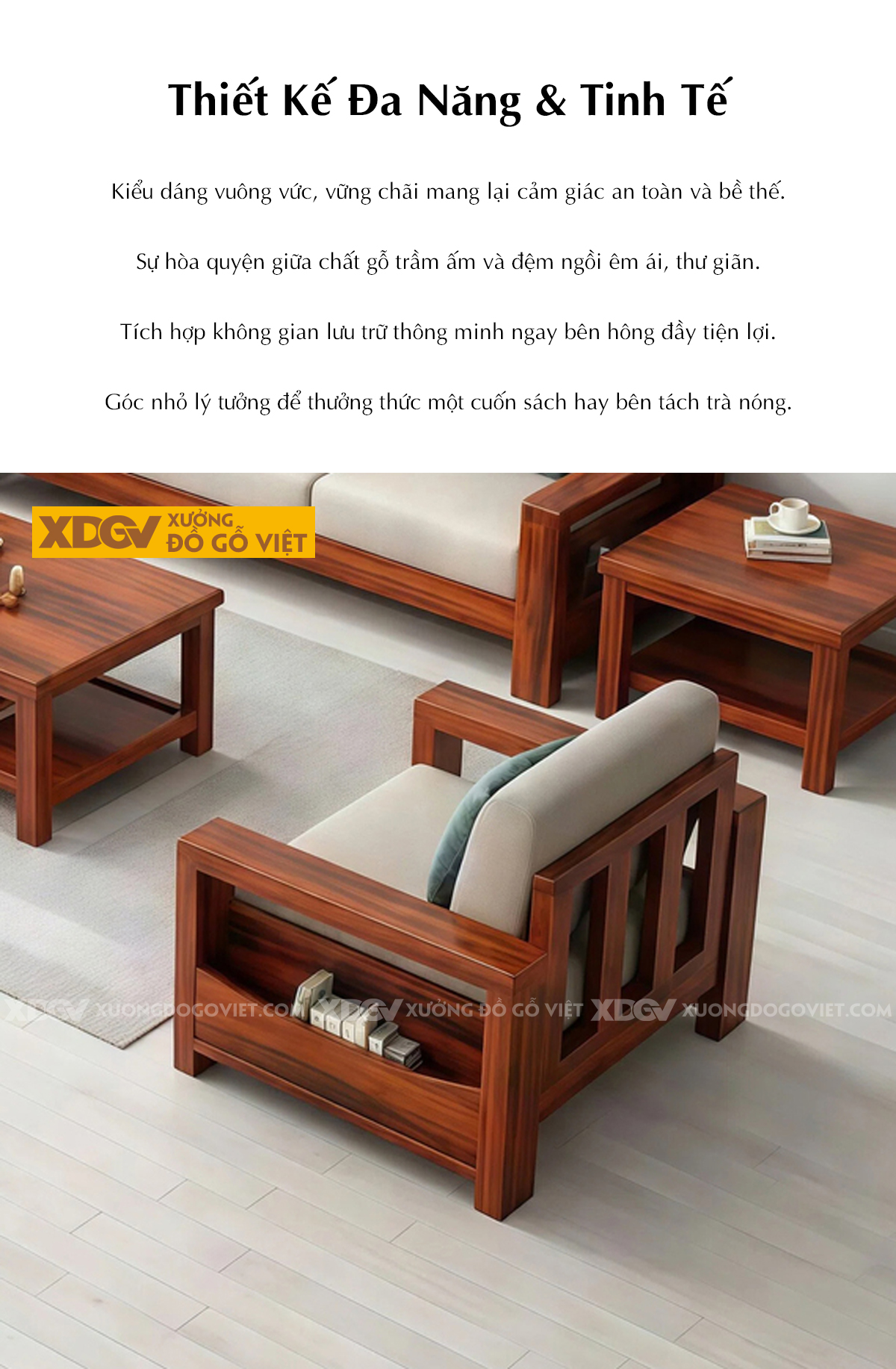 Bàn Ghế Sofa Gỗ Gõ Đỏ Tựa Nan Kiểu Dáng Vuông Vắn Mạnh Mẽ