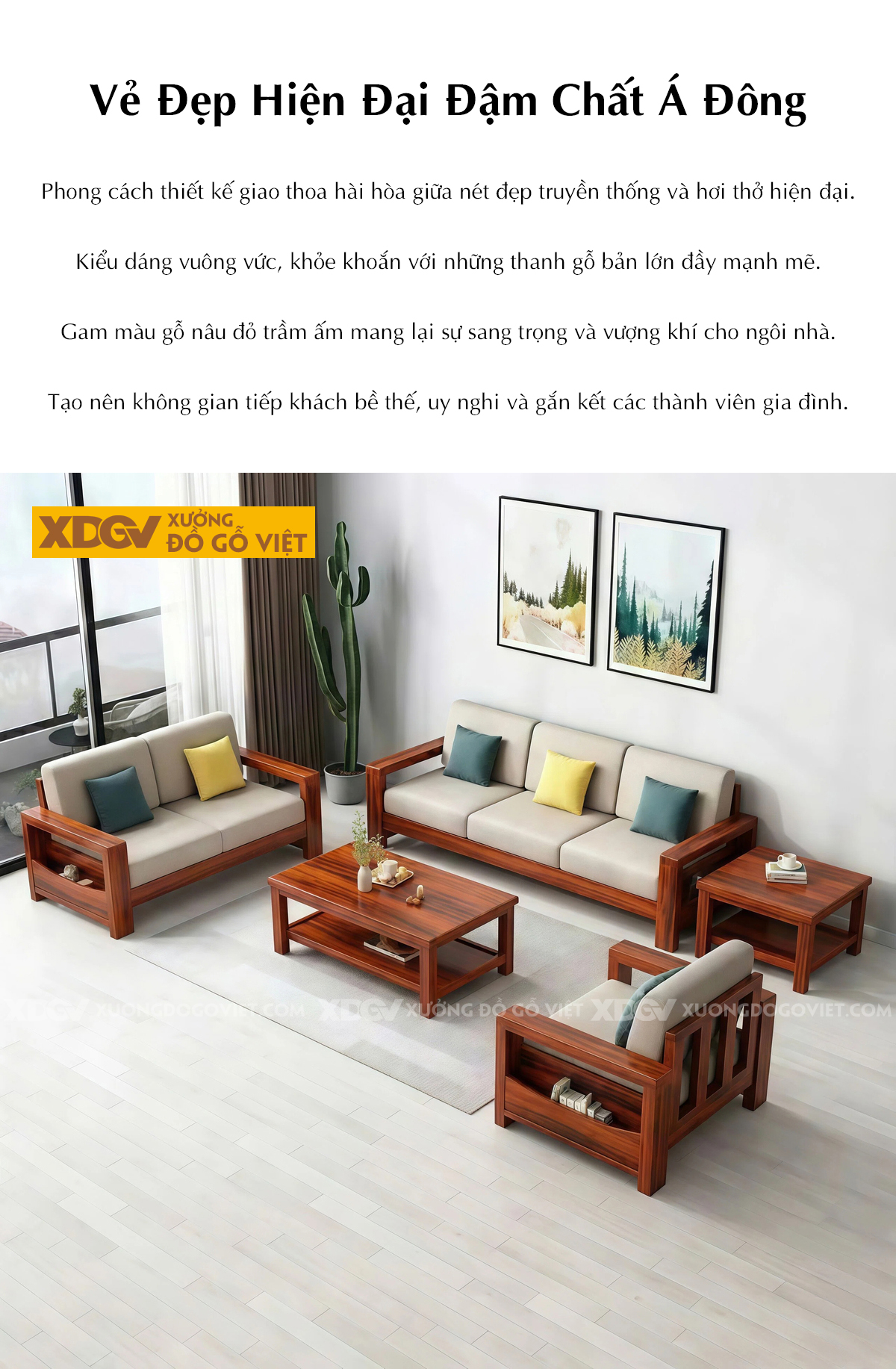 Bàn Ghế Sofa Gỗ Gõ Đỏ Tựa Nan Kiểu Dáng Vuông Vắn Mạnh Mẽ