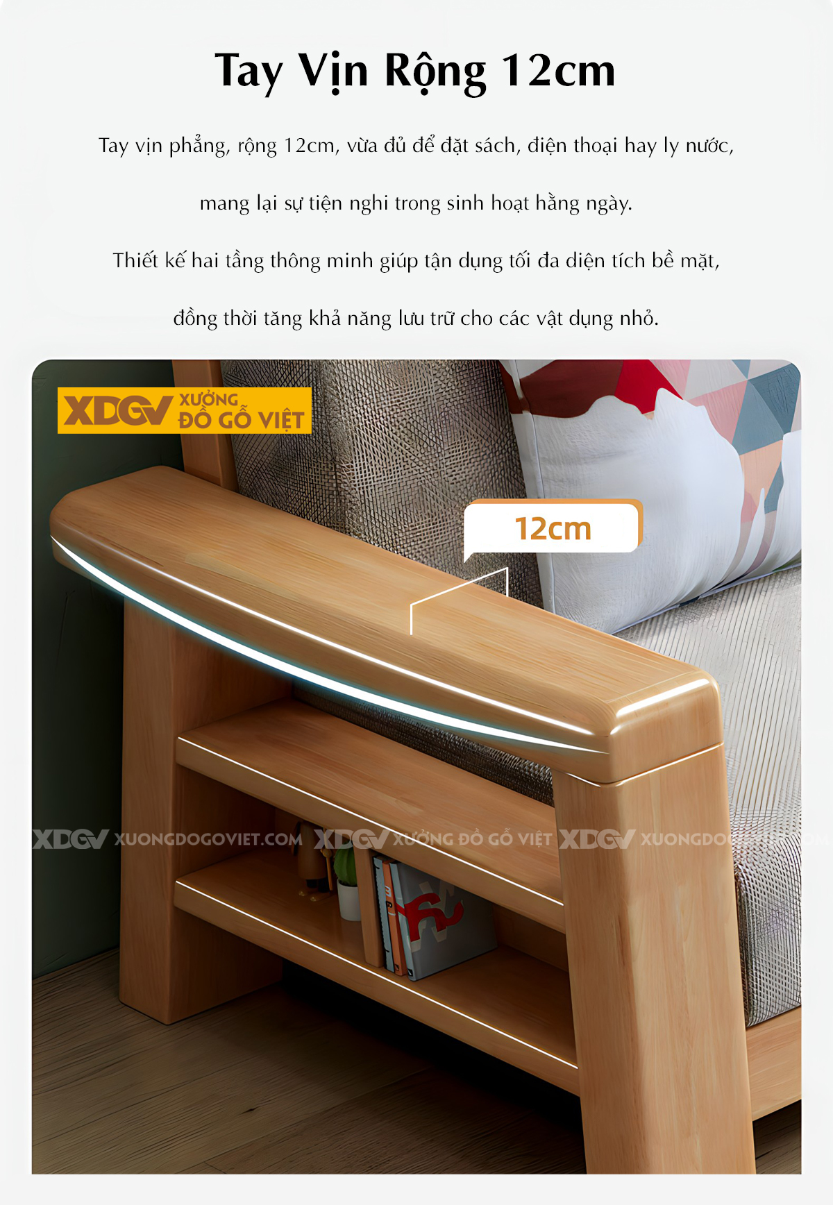 Bàn Ghế Sofa Phòng Khách Gỗ Cao Su Tay Vịn 2 Tầng Đựng Đồ