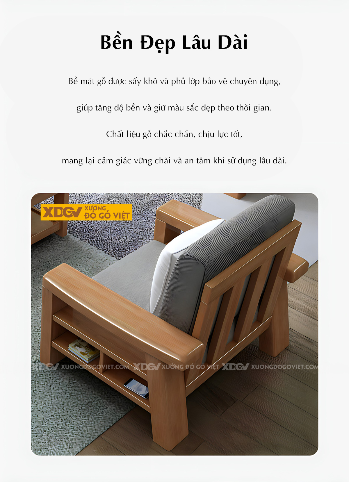 Bàn Ghế Sofa Phòng Khách Gỗ Cao Su Tay Vịn 2 Tầng Đựng Đồ