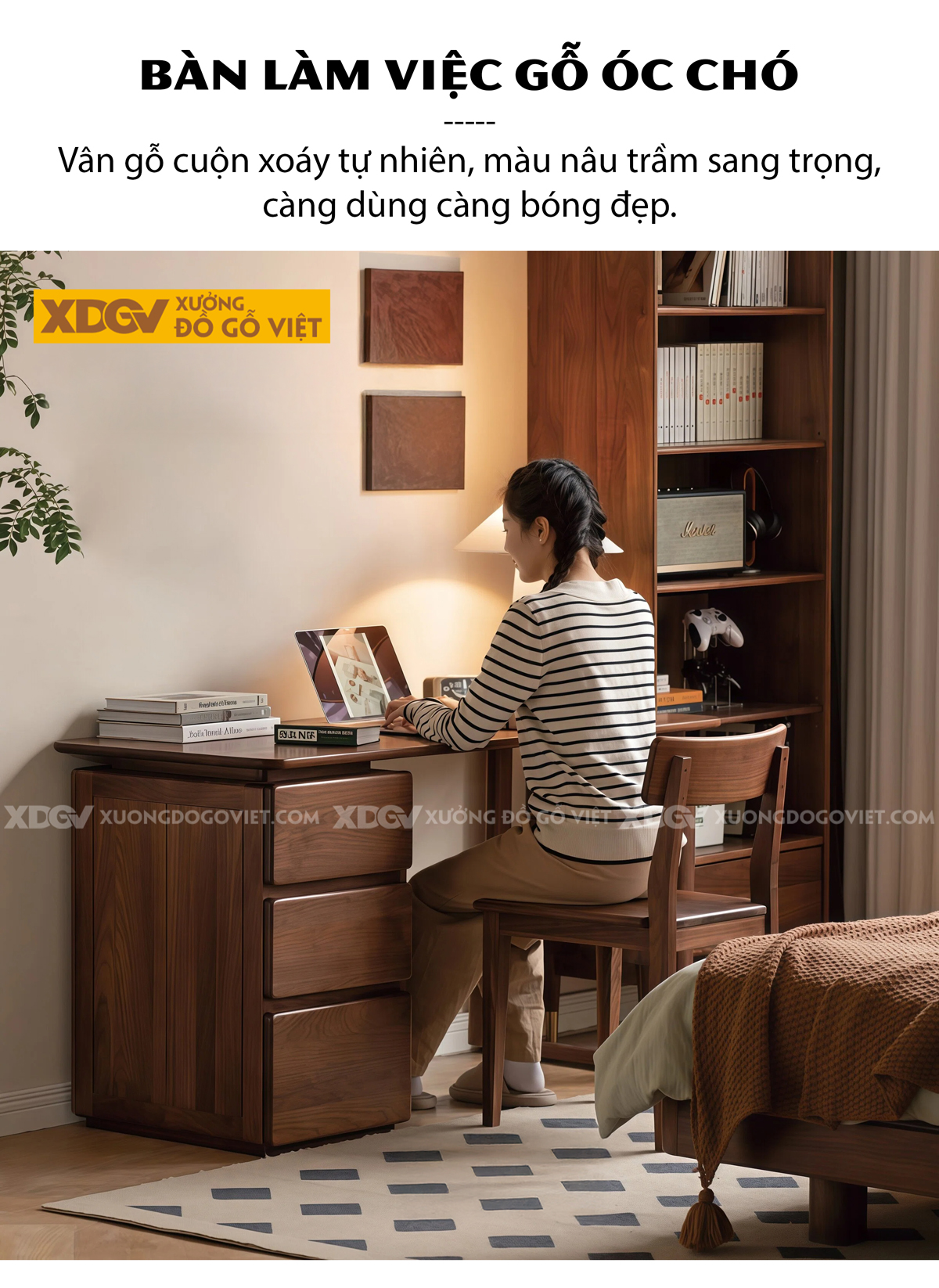 Bàn Làm Việc Bo Cạnh Gỗ Óc Chó Hiện Đại Mẫu Mới 2026