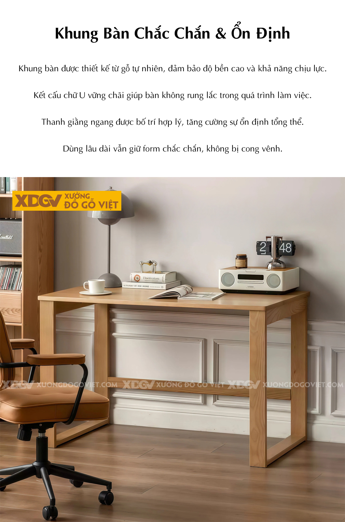 Bàn Làm Việc Chân Chữ U Bền Chắc Gỗ Sồi Mỹ Kiểu Tối Giản