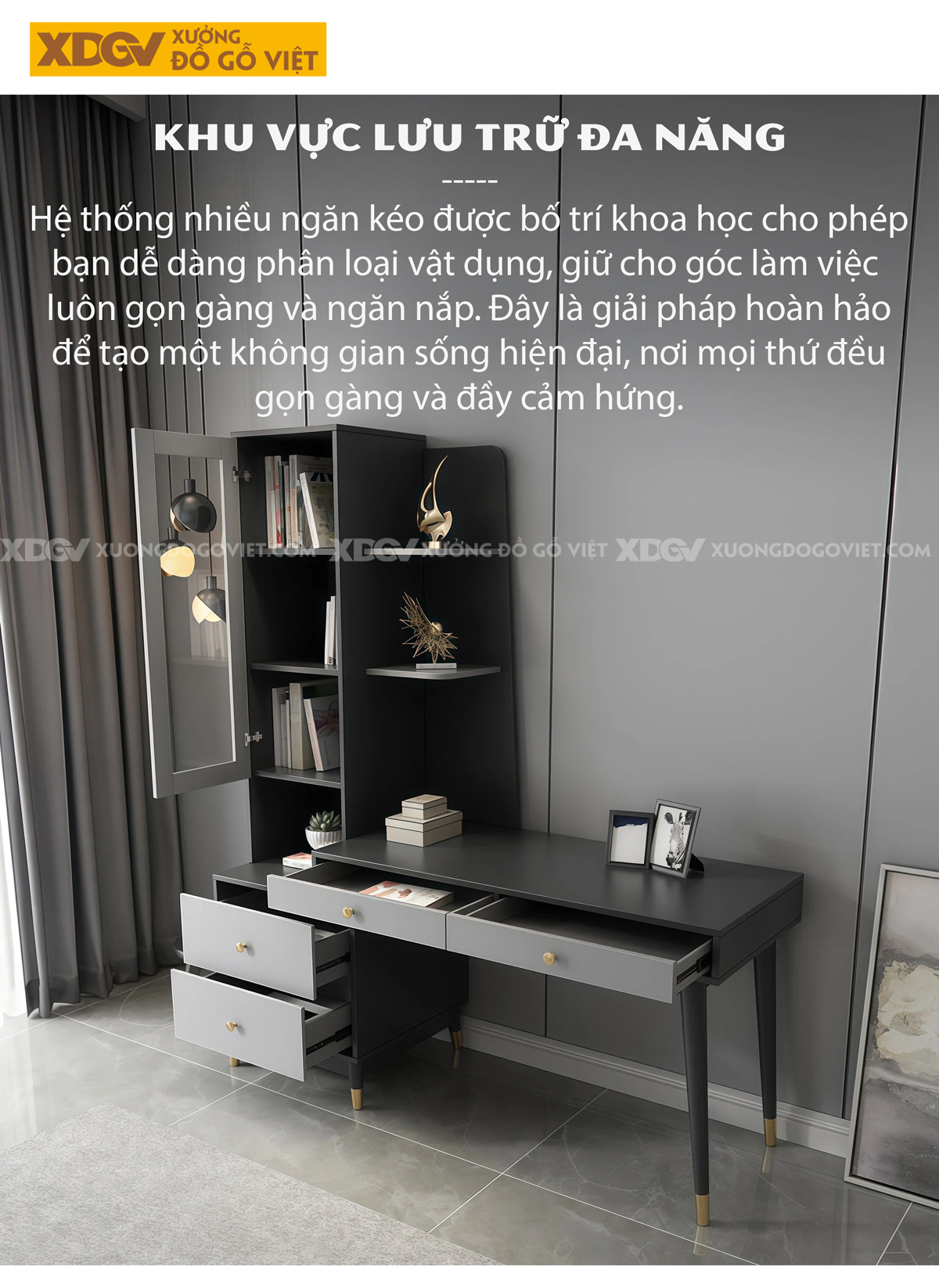 Bàn Làm Việc Gỗ MDF Chân Cao Kèm Tủ Lưu Trữ Đa Năng