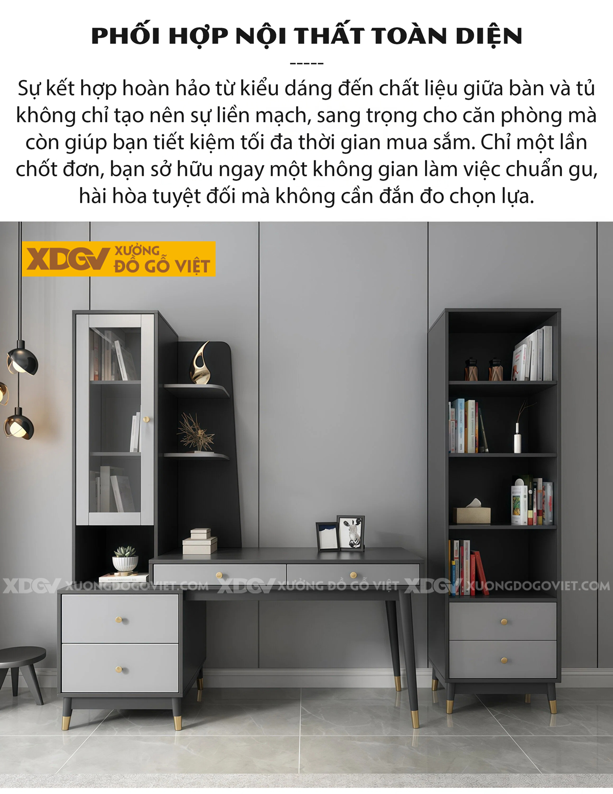 Bàn Làm Việc Gỗ MDF Chân Cao Kèm Tủ Lưu Trữ Đa Năng
