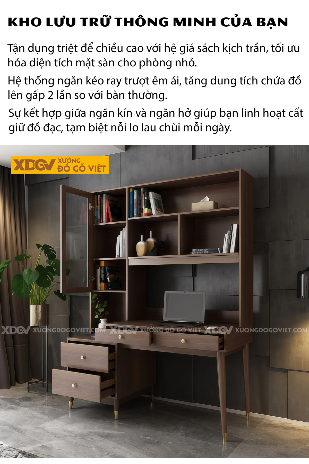 Bàn Làm Việc Gỗ MDF Hiện Đại Kết Hợp Tủ Lưu Trữ Thông Minh