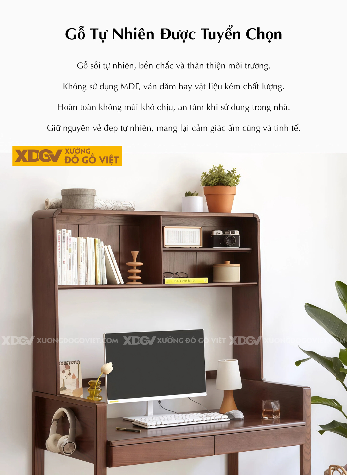 Bàn Làm Việc Gỗ Sồi Kết Hợp Kệ Và Ngăn Kéo Tiện Dụng