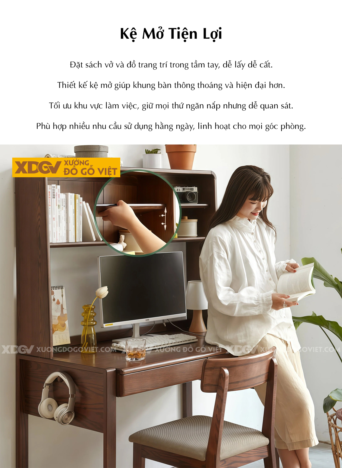 Bàn Làm Việc Gỗ Sồi Kết Hợp Kệ Và Ngăn Kéo Tiện Dụng