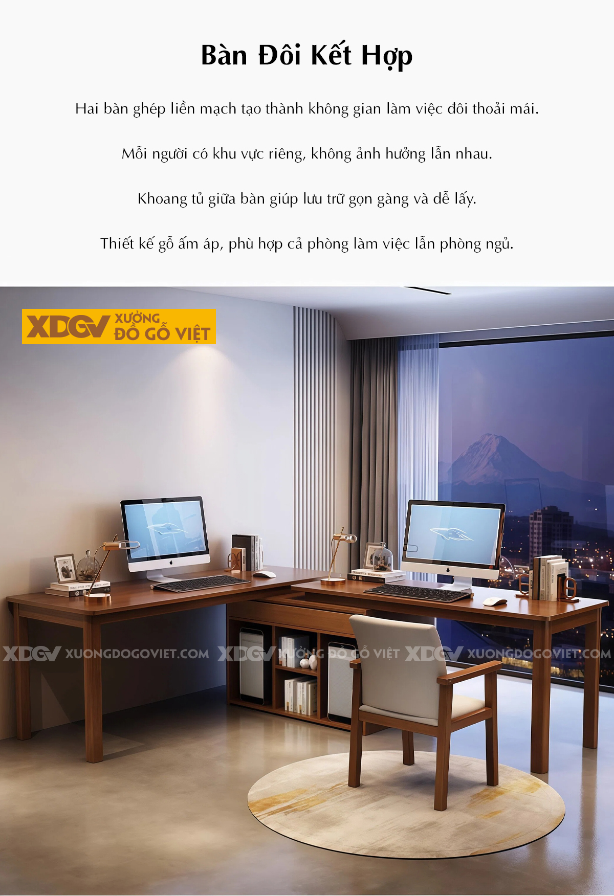 Bàn Làm Việc Gỗ Sồi Màu Óc Chó Kiểu Chữ L Cách Điệu Hiện Đại