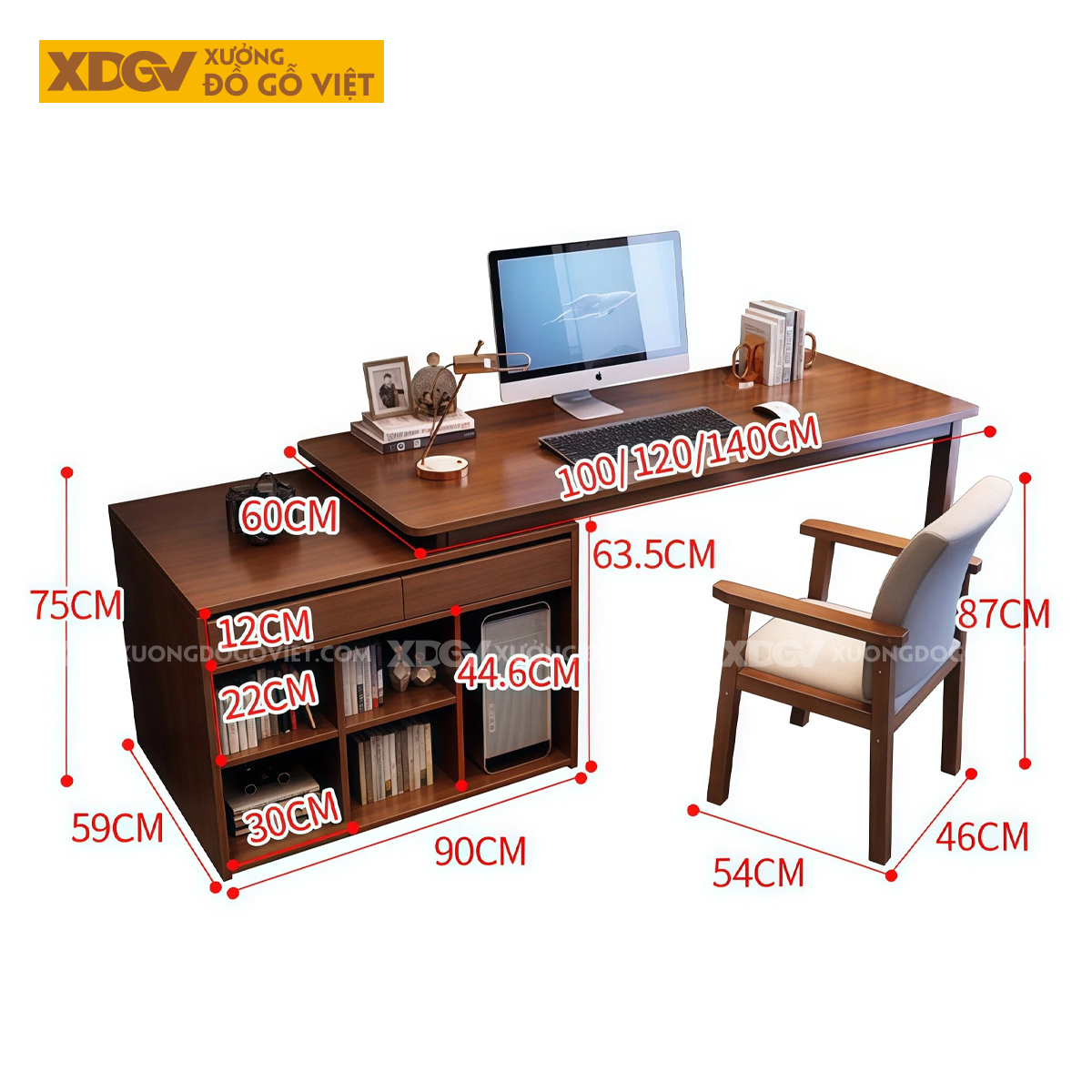 Bàn Làm Việc Gỗ Sồi Màu Óc Chó Kiểu Chữ L Cách Điệu Hiện Đại