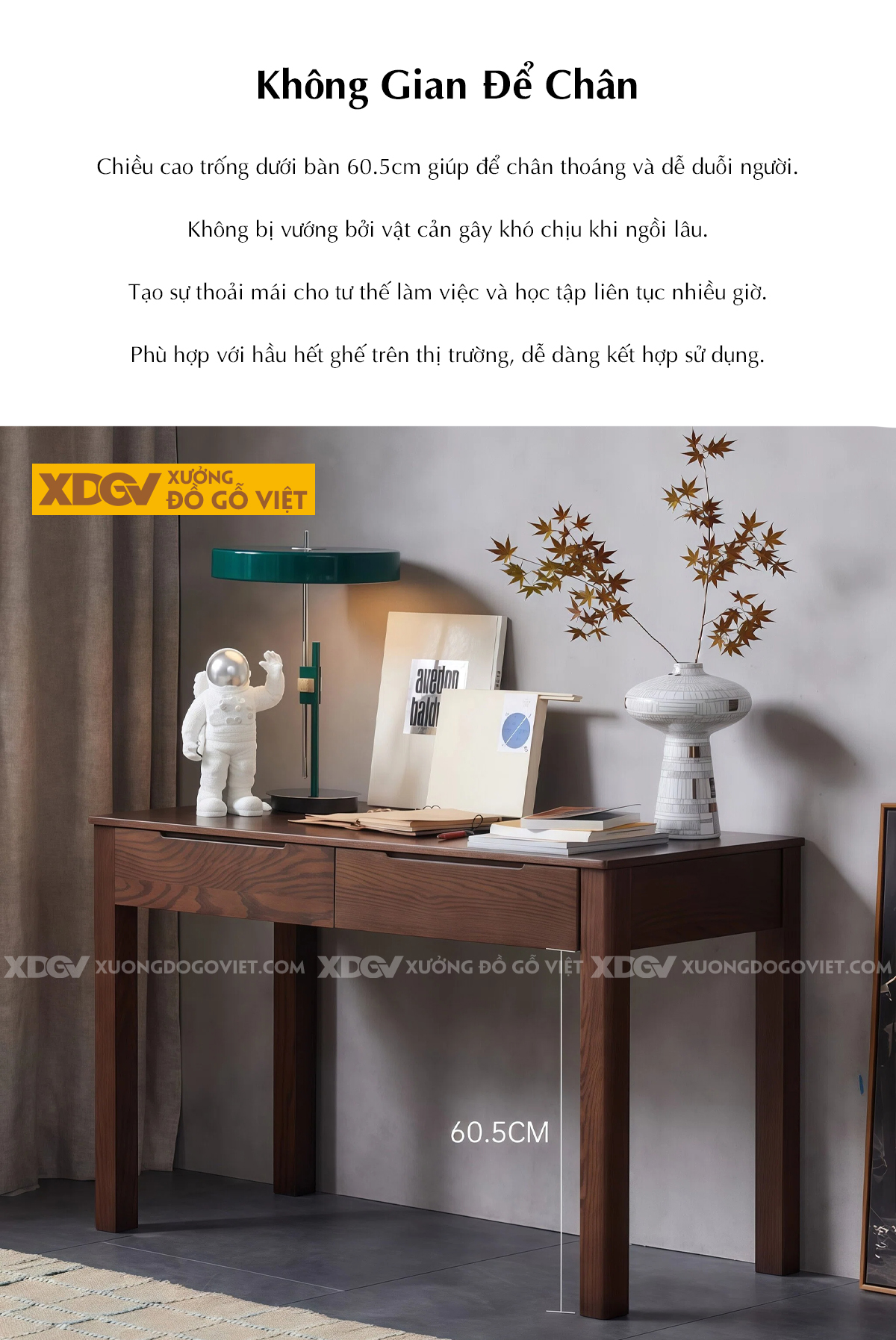 Bàn Làm Việc Gỗ Sồi Mỹ Màu Óc Chó Nhỏ Gọn Có Ngăn Kéo