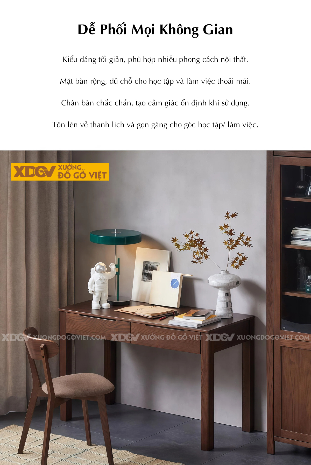 Bàn Làm Việc Gỗ Sồi Mỹ Màu Óc Chó Nhỏ Gọn Có Ngăn Kéo