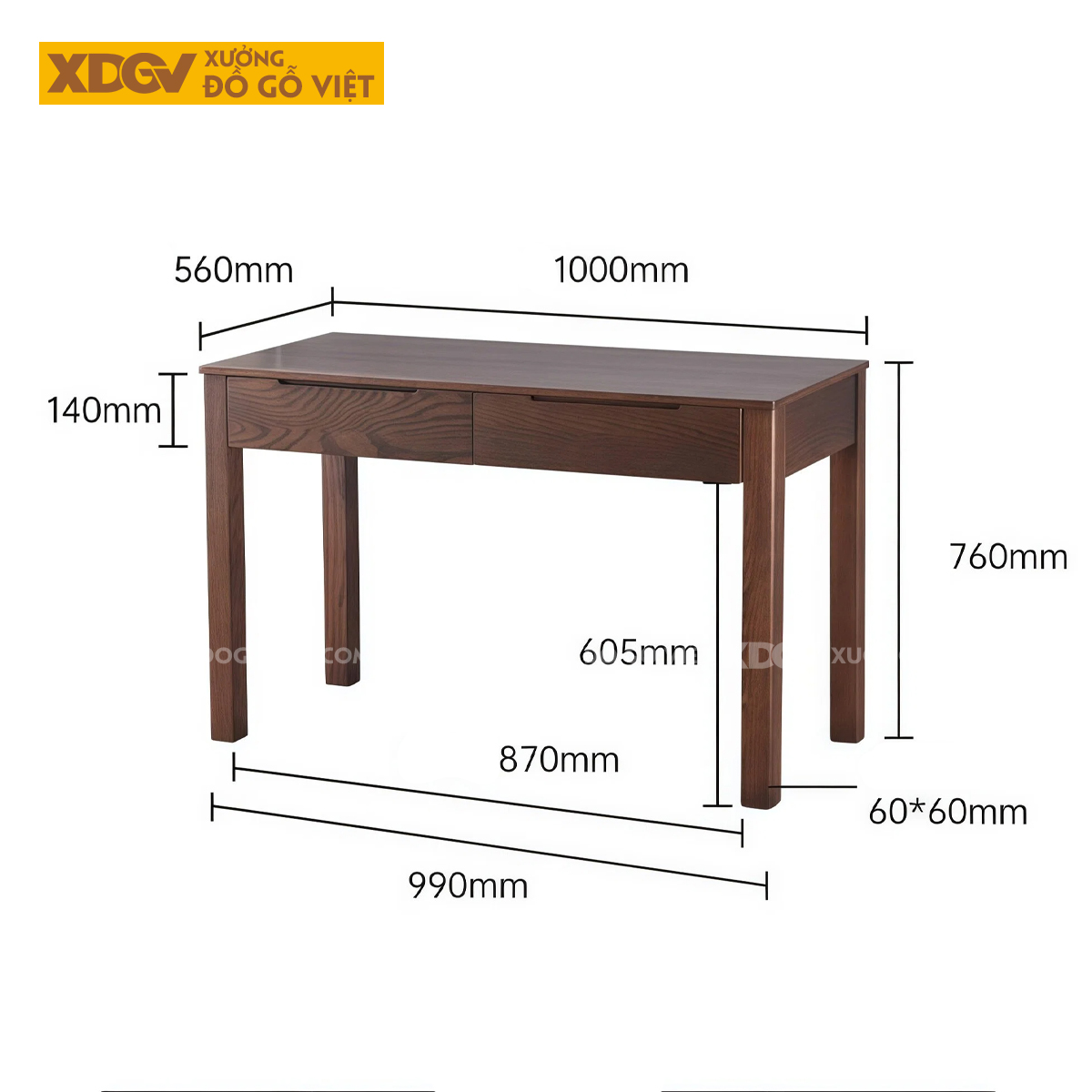 Bàn Làm Việc Gỗ Sồi Mỹ Màu Óc Chó Nhỏ Gọn Có Ngăn Kéo