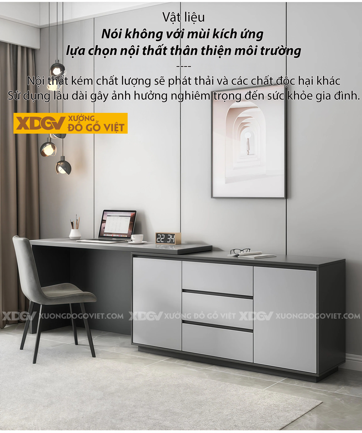 Bàn Làm Việc MDF Mặt Đá Hiện Đại Kèm Tủ Lưu Trữ Đa Năng