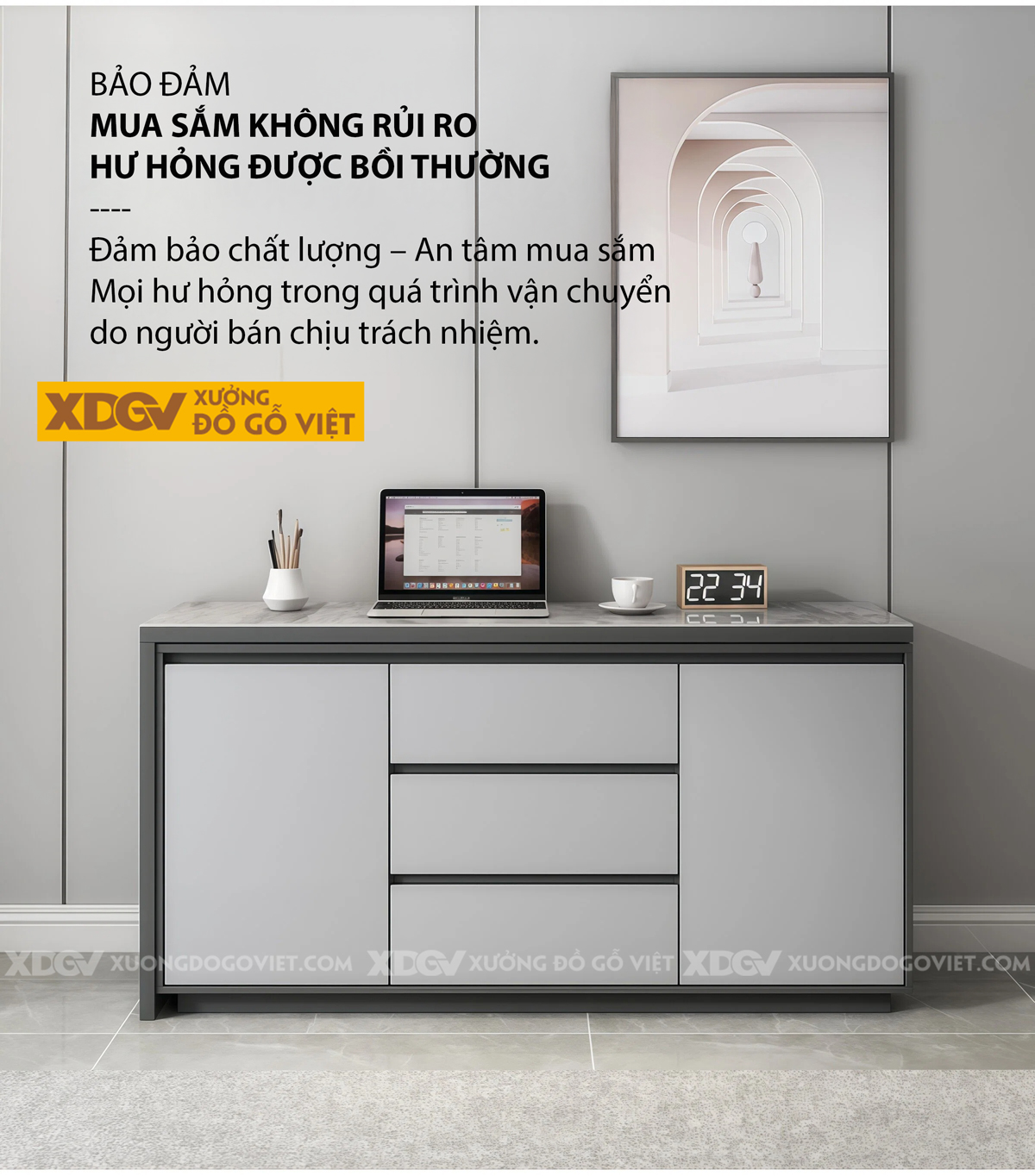 Bàn Làm Việc MDF Mặt Đá Hiện Đại Kèm Tủ Lưu Trữ Đa Năng