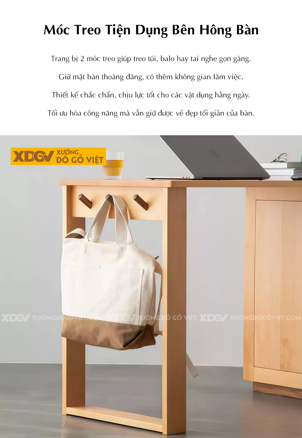 Bàn Làm Việc Tối Giản Gỗ Sồi Mỹ Có Hộc Kéo Và Móc Treo