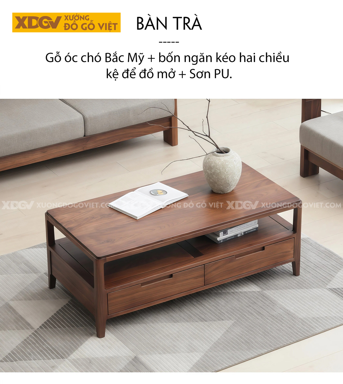 Bàn Sofa Phòng Khách Gỗ Óc Chó 2 Tầng Ngăn Kéo Lưu Trữ Lớn