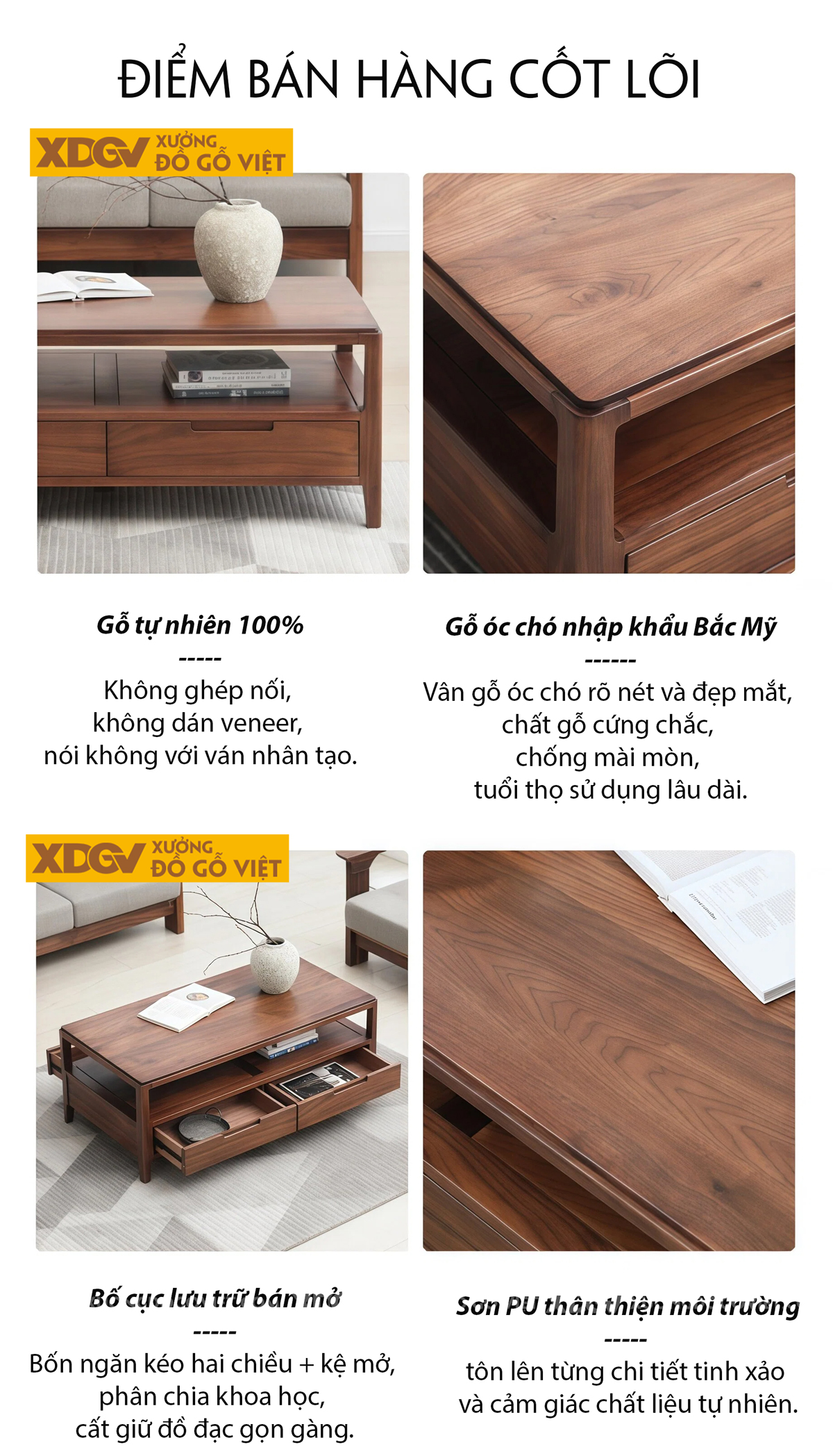 Bàn Sofa Phòng Khách Gỗ Óc Chó 2 Tầng Ngăn Kéo Lưu Trữ Lớn