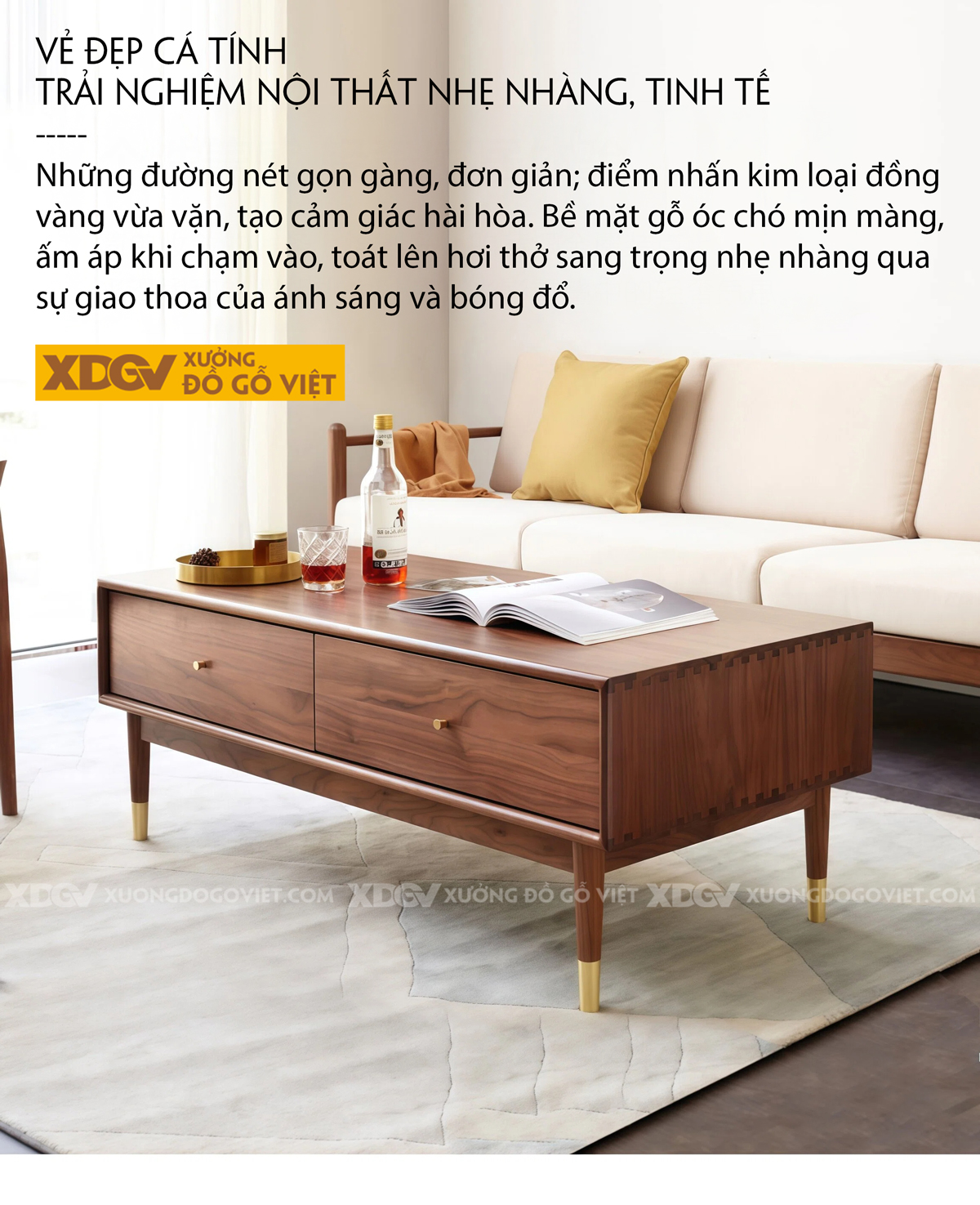 Bàn Sofa Phòng Khách Gỗ Óc Chó Chân Côn Bọc Kim Sang Trọng