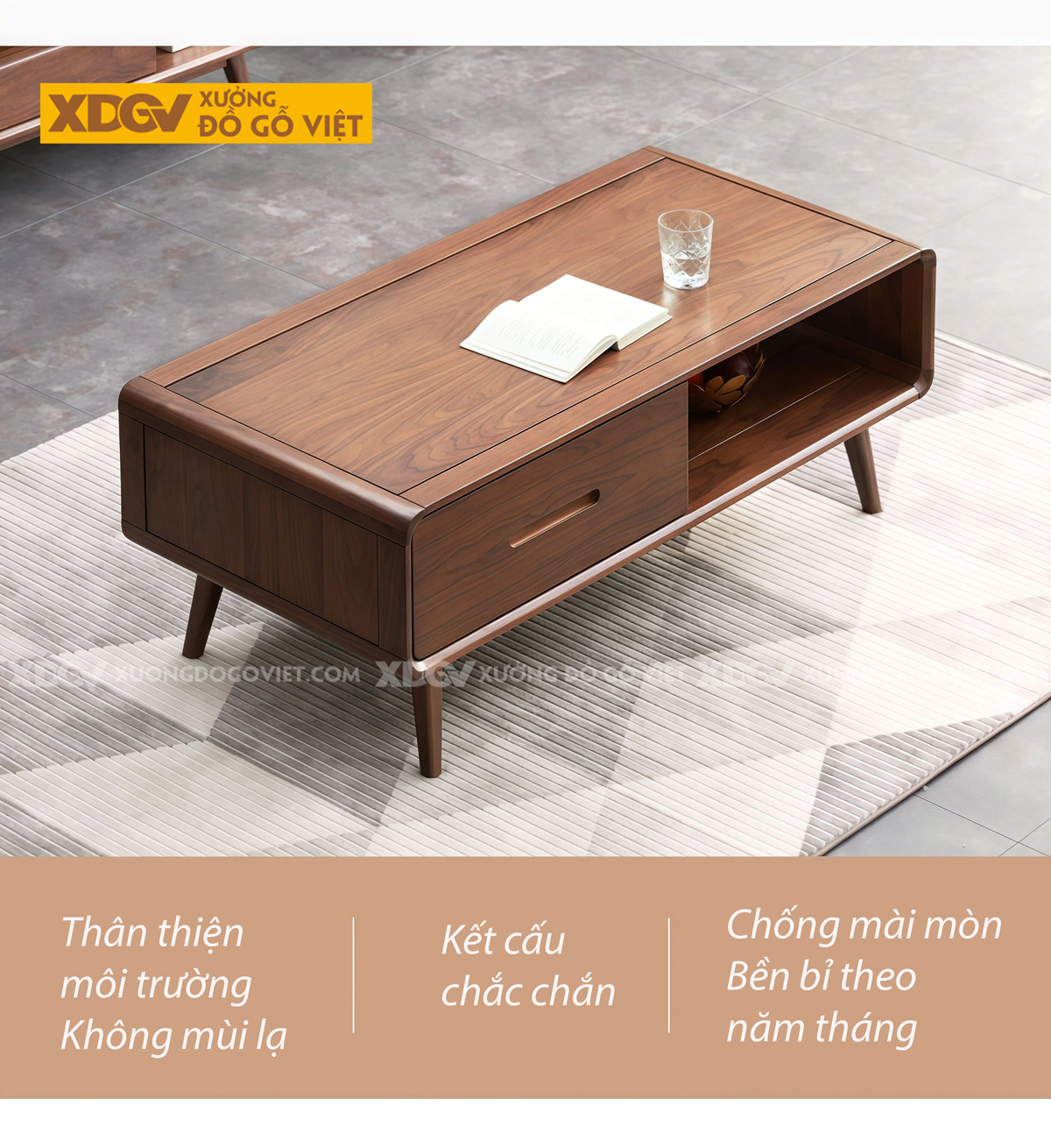 Bàn Sofa Phòng Khách Gỗ Óc Chó Chân Côn Bọc Kim Sang Trọng