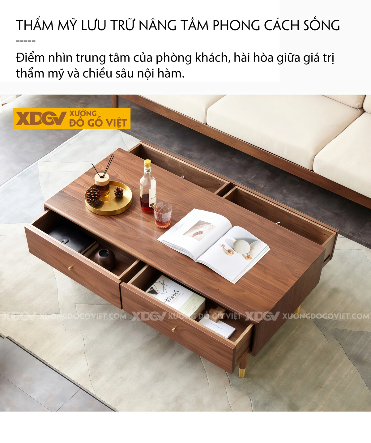 Bàn Sofa Phòng Khách Gỗ Óc Chó Chân Côn Bọc Kim Sang Trọng