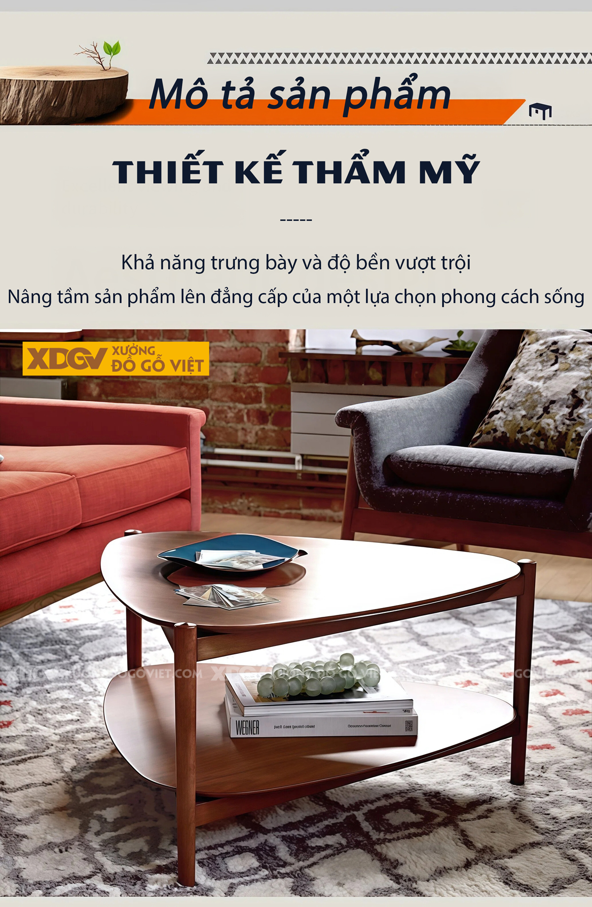 Bàn Sofa Phòng Khách Gỗ Sồi 2 Dáng Tam Giác Bo Góc Hai Tầng 
