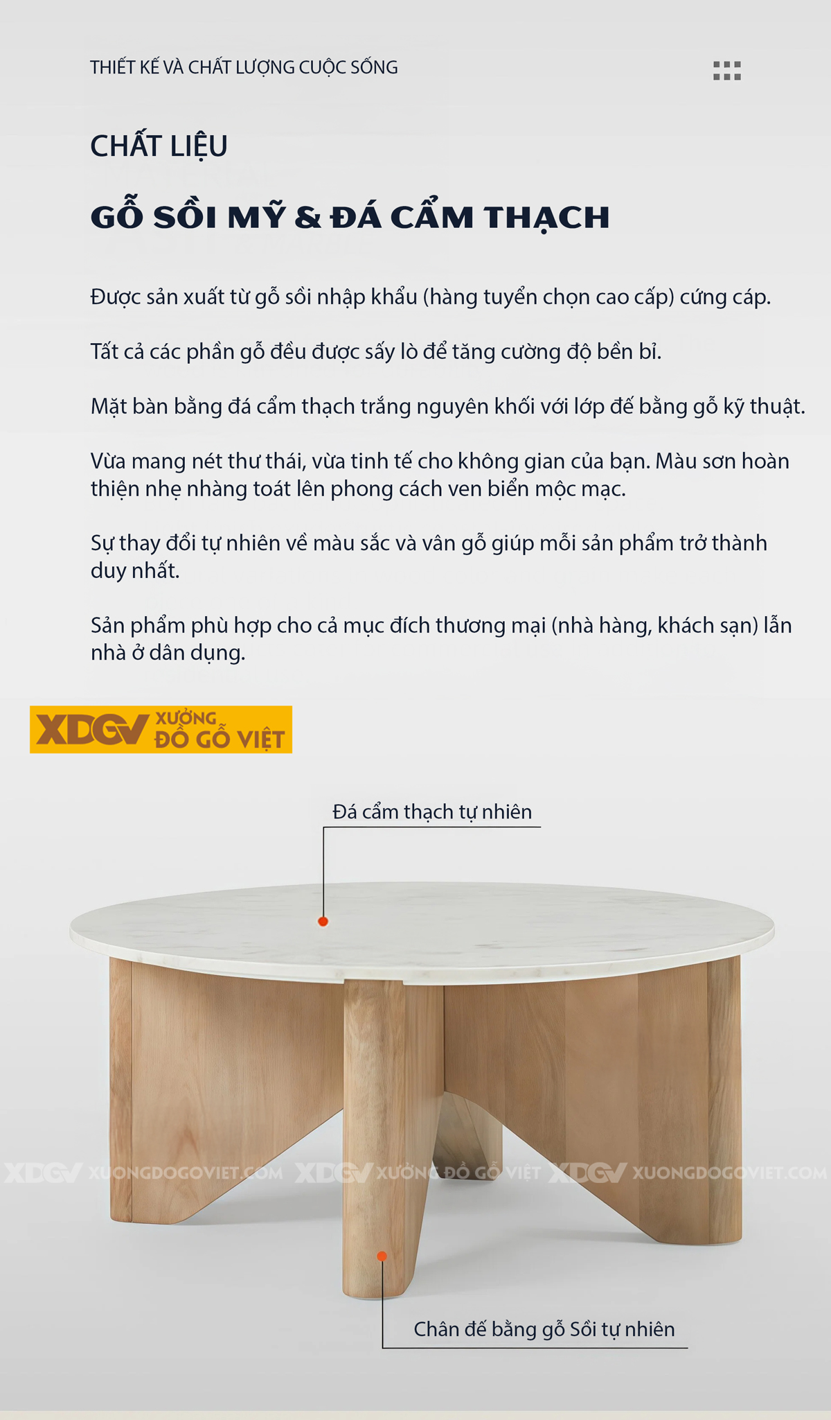 Bàn Trà Sofa Phòng Khách Hiện Đại Gỗ Sồi Chân Tấm Phối Đá