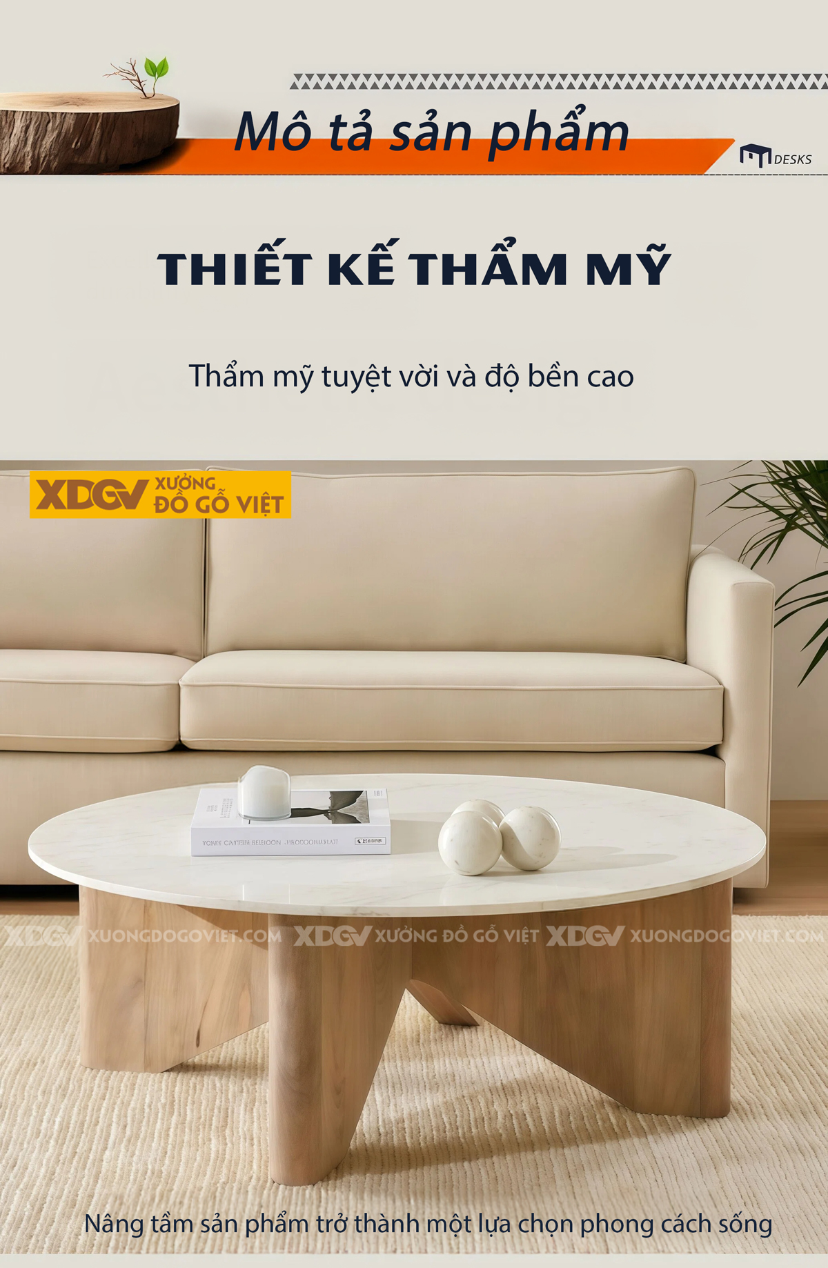 Bàn Trà Sofa Phòng Khách Hiện Đại Gỗ Sồi Chân Tấm Phối Đá