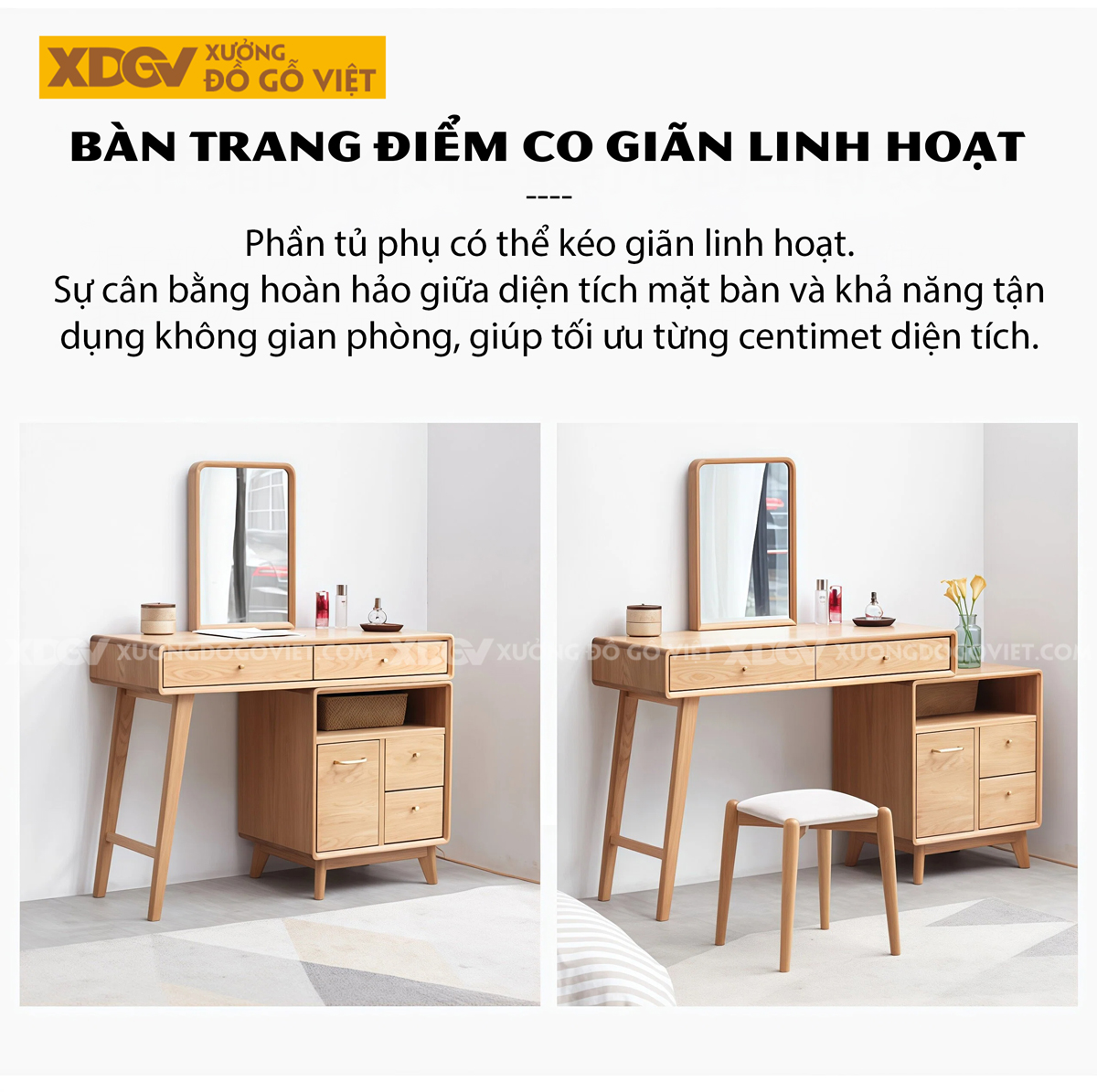 Bàn Trang Điểm Phòng Khách Gỗ Sồi Dáng Vuông Cơ Chế Mở Rộng