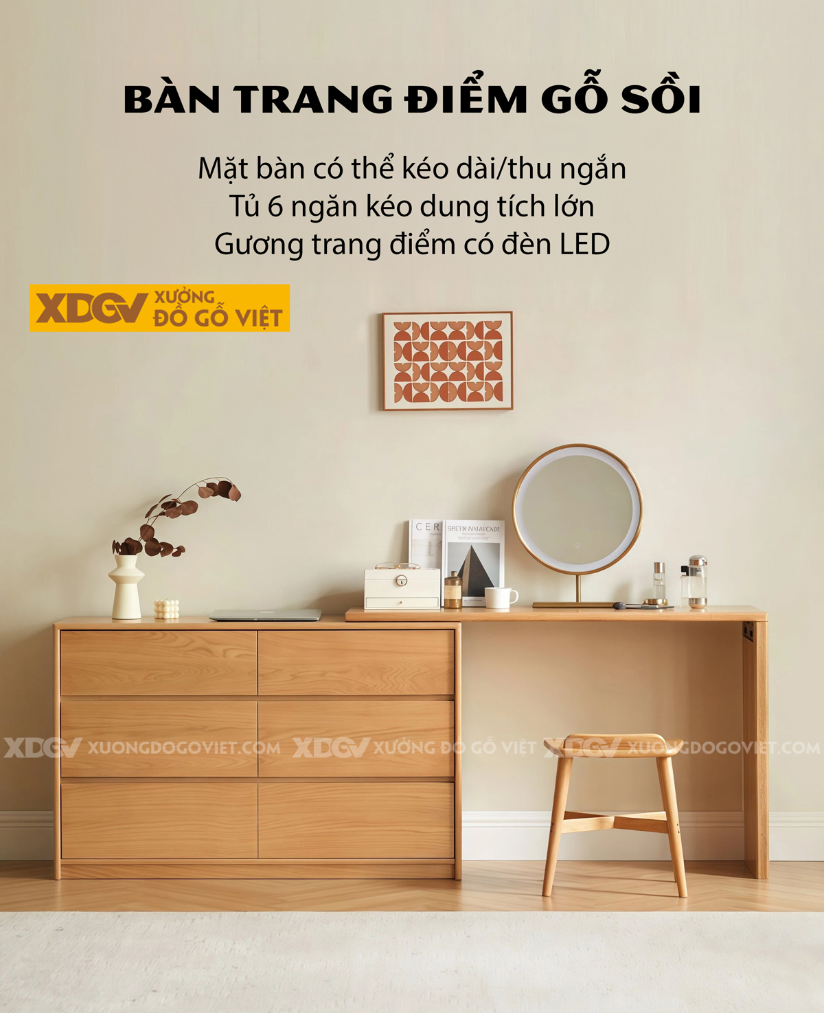 Bàn Trang Điểm Phòng Khách Gỗ Sồi Dáng Vuông Cơ Chế Mở Rộng