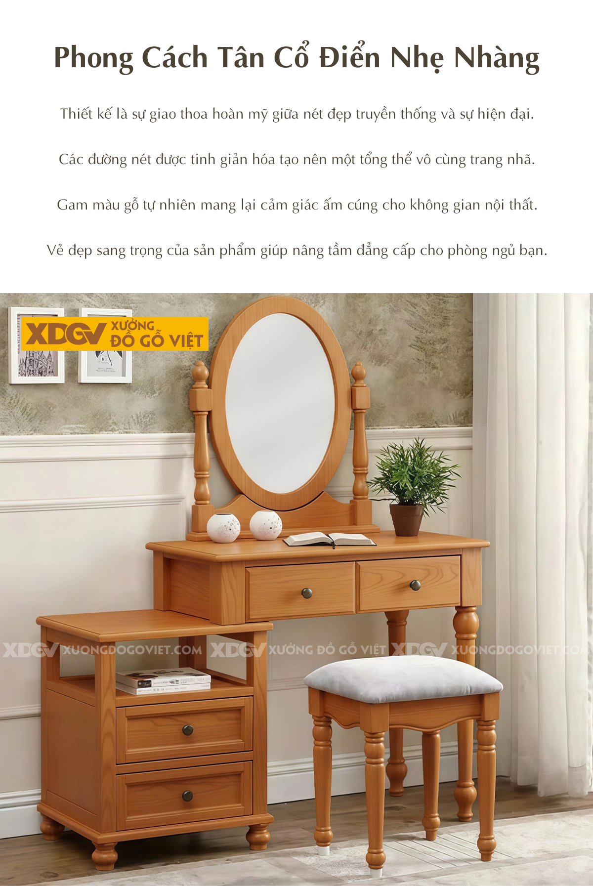 Bàn Trang Điểm Phòng Ngủ Gỗ Gõ Đỏ Bo Góc Phối Tủ Linh Hoạt