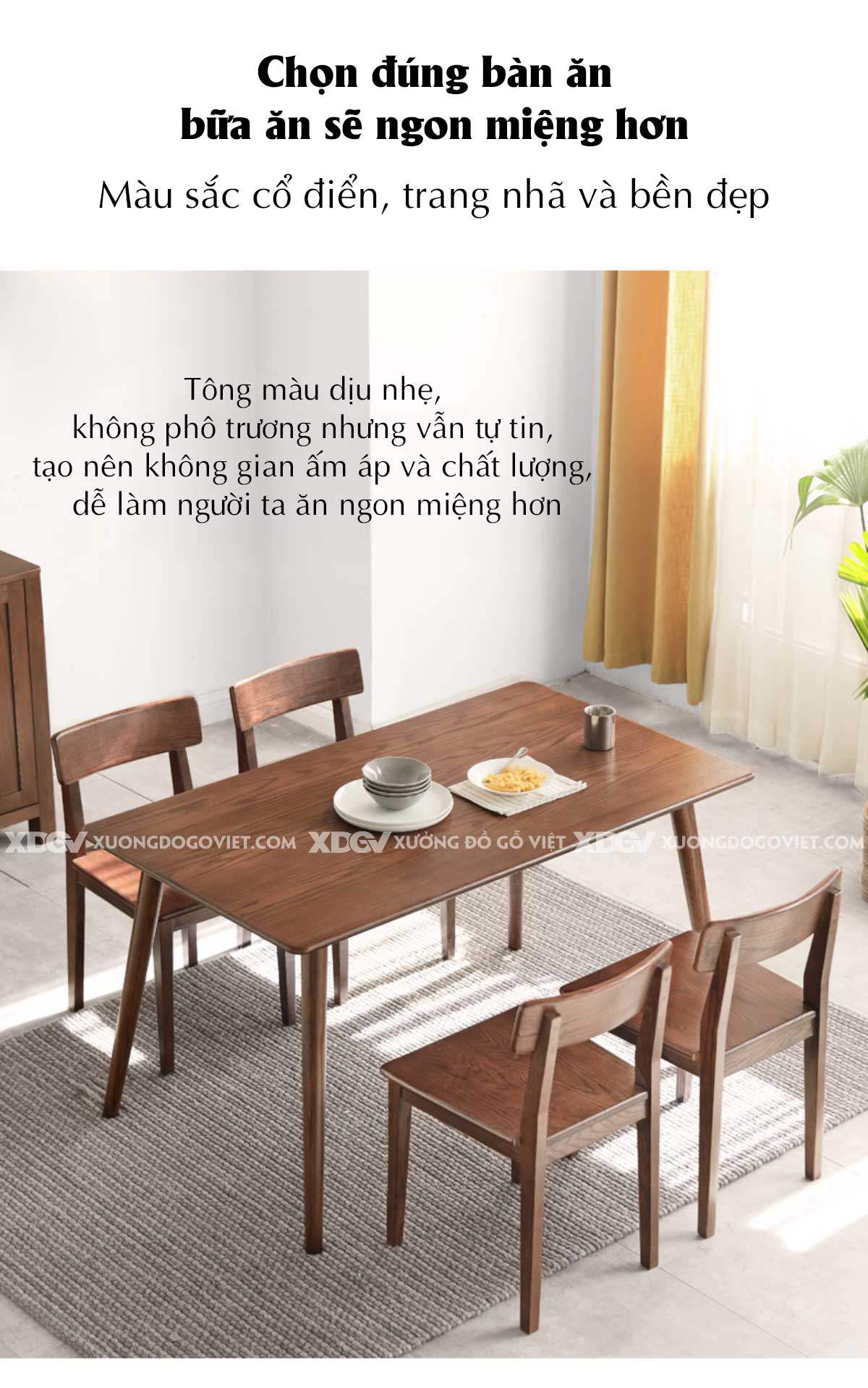 Bộ Bàn 4 Ghế Ăn Gỗ Sồi Japandi Tối Giản Chân Côn Thanh Lịch