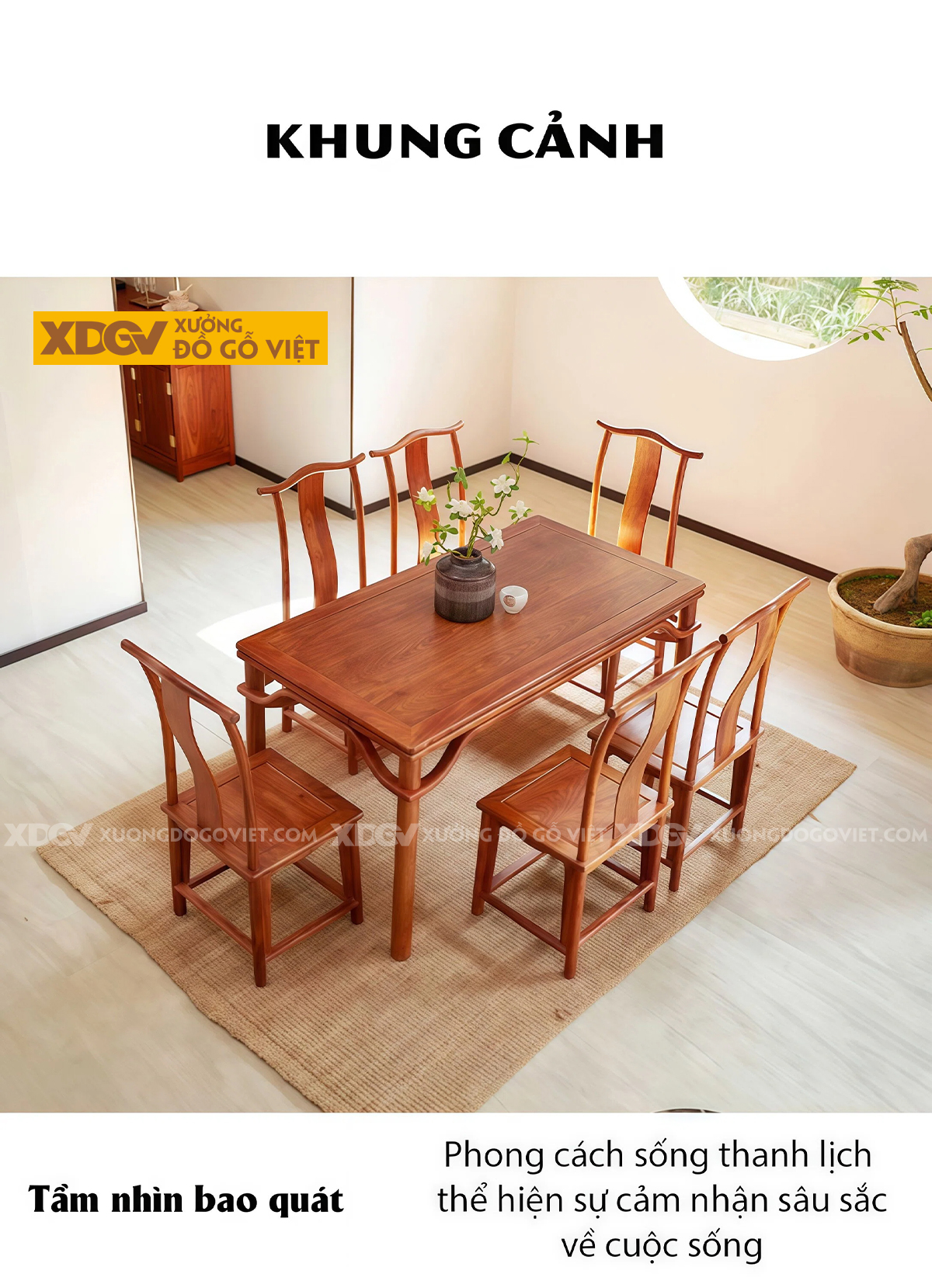 Bộ Bàn Ăn 6 Ghế Gỗ Gõ Đỏ Á Đông Hệ Quây Chân Bàn Thắt Eo