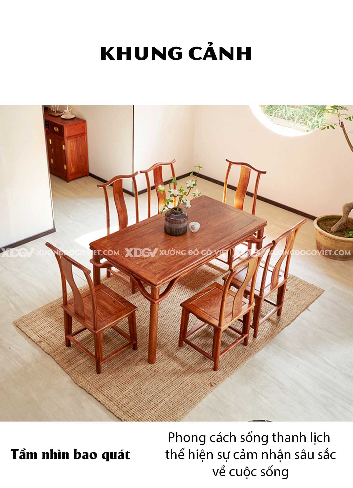 Bộ Bàn Ăn 6 Ghế Gỗ Gõ Đỏ Á Đông Hệ Quây Chân Bàn Thắt Eo
