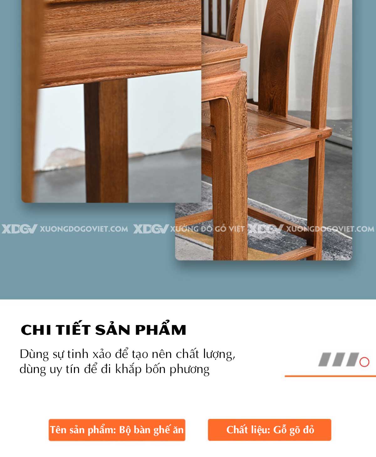 Bộ Bàn Ăn 6 Ghế Gỗ Gõ Đỏ Á Đông Tối Giản Chân Móng Ngựa