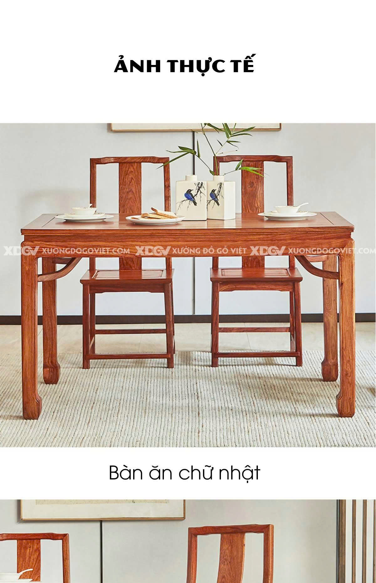 Bộ Bàn Ăn 6 Ghế Gỗ Gõ Đỏ Á Đông Tối Giản Chân Móng Ngựa